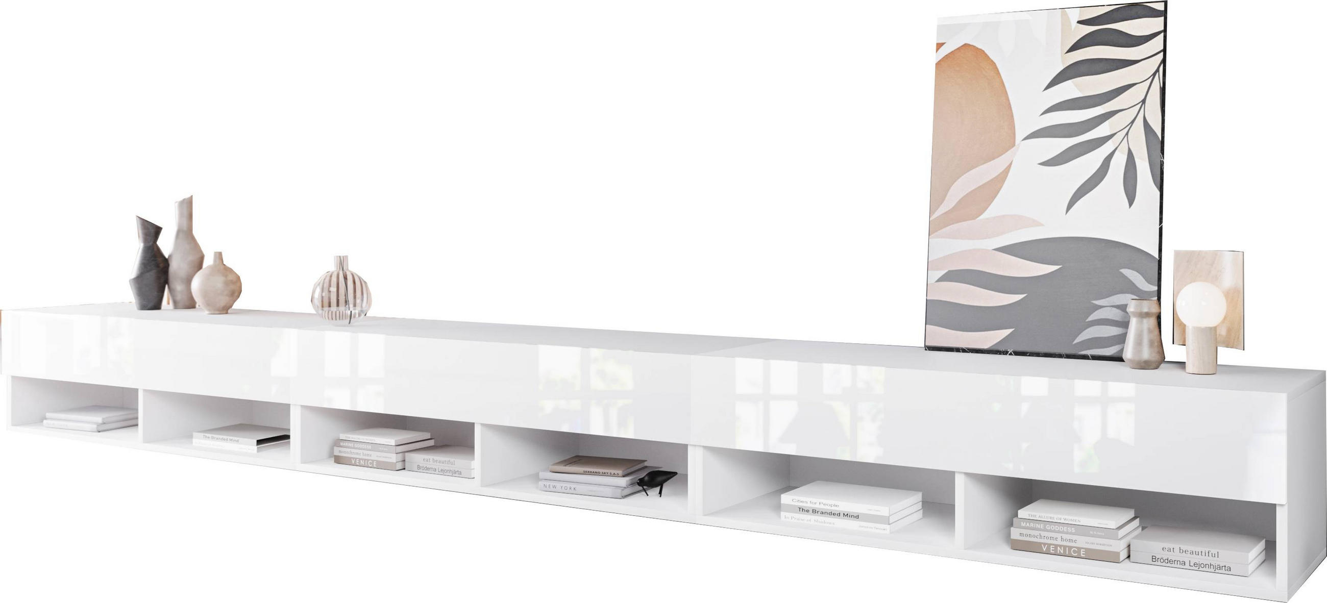 TV-Lowboard B: 300 cm Weiß/Weiß Hochglanz