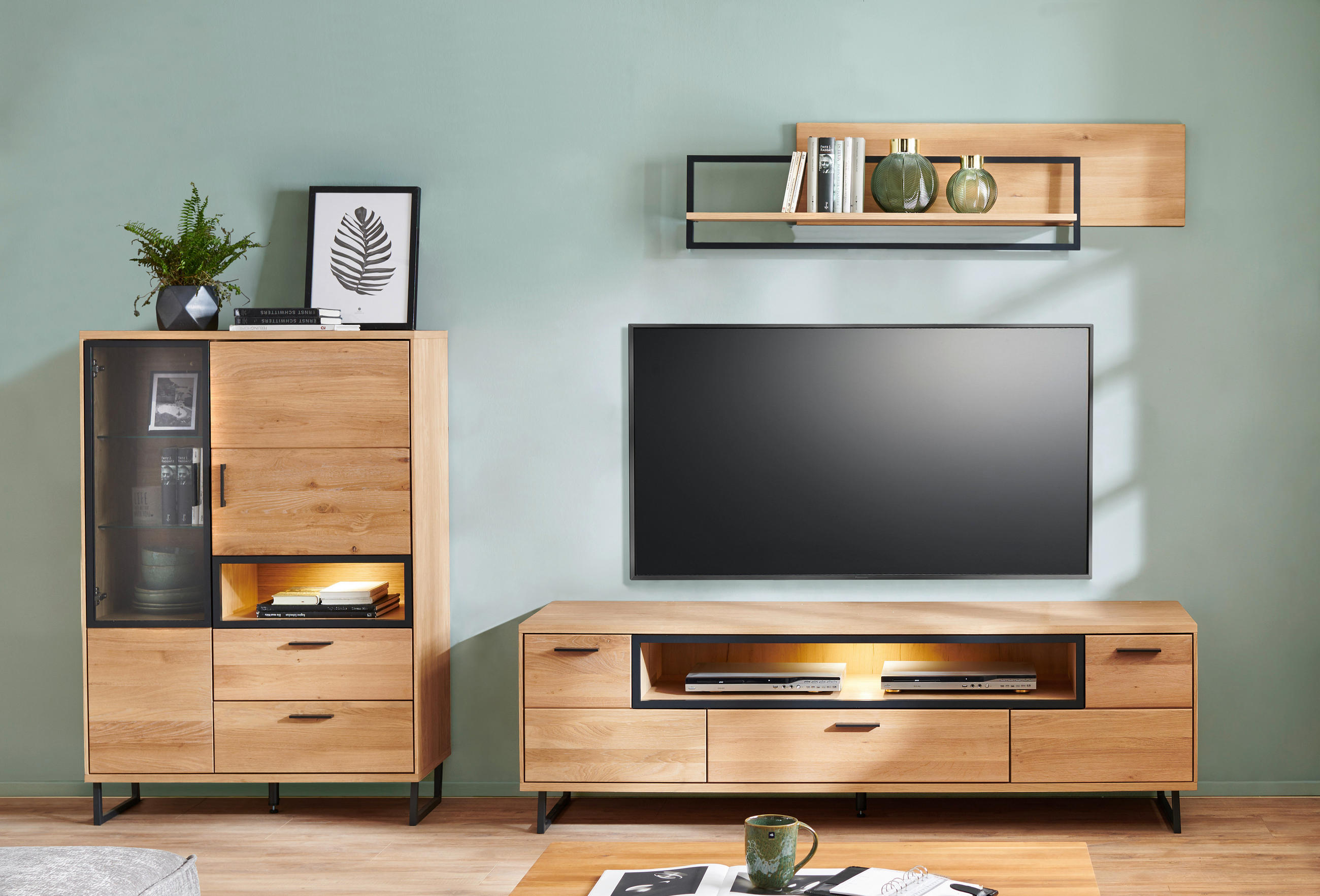 HIGHBOARD  in 95/139/38 cm  - Dunkelgrau/Eichefarben, KONVENTIONELL, Glas/Holz (95/139/38cm) - Cantus