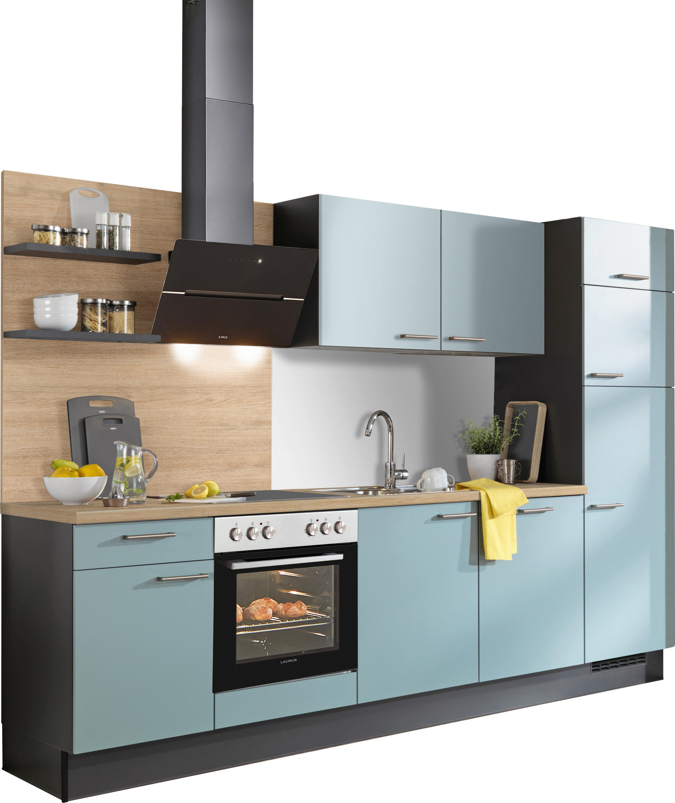 KÜCHENBLOCK 290 cm   in Graphitfarben, Eichefarben, Hellgrün  - Edelstahlfarben/Eichefarben, Design, Holzwerkstoff/Metall (290cm) - Xora