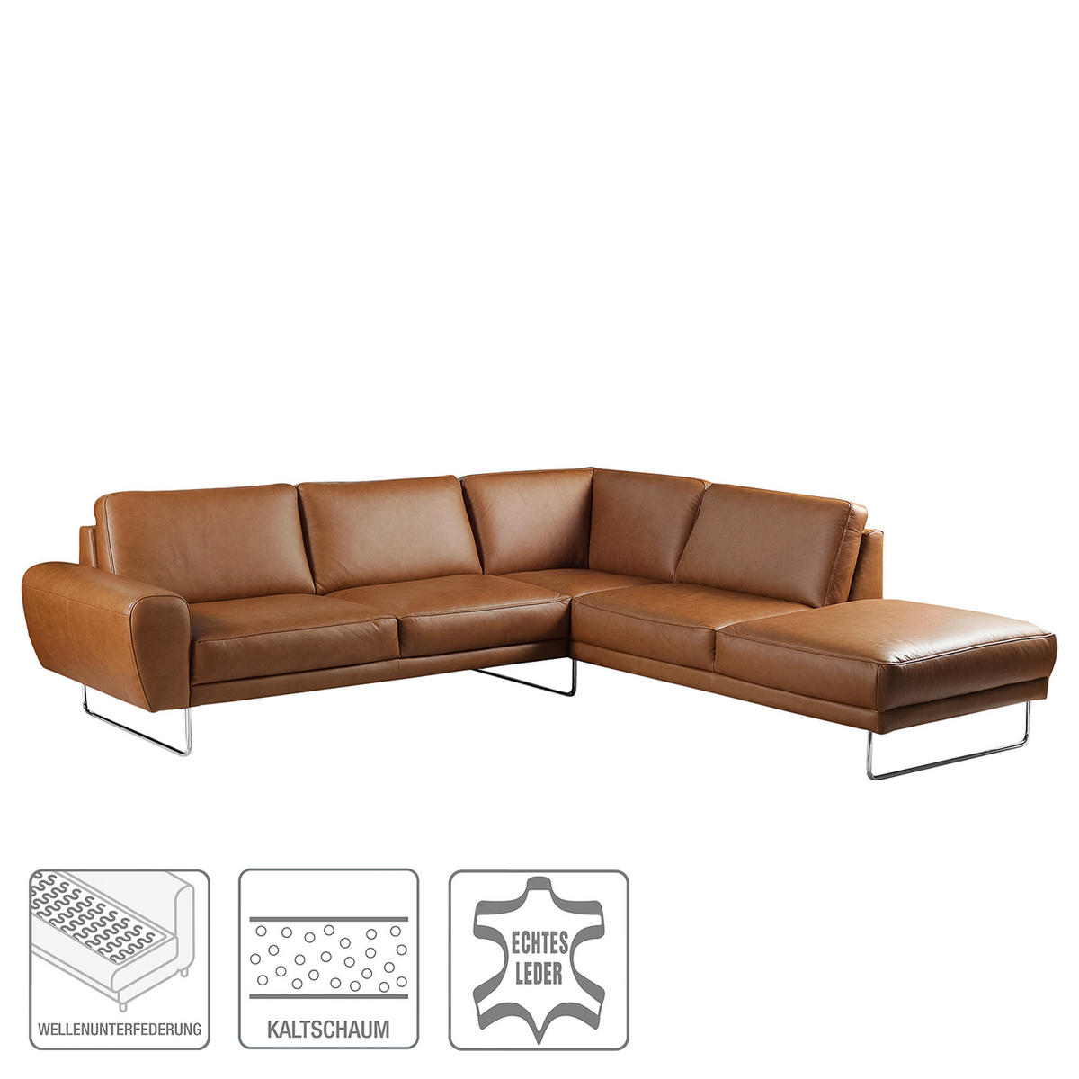 ECKSOFA in Echtleder Cognac  273/250 cm  - Chromfarben/Cognac, Design, Leder/Metall (273/250cm) - Livetastic