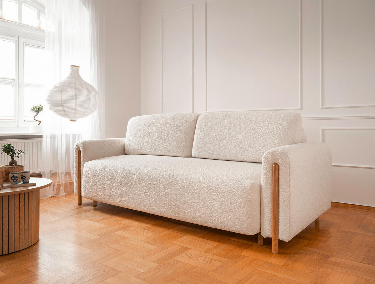 SCHLAFSOFA in Bouclé Creme, Naturfarben  - Eichefarben/Creme, Design, Holz/Textil (244/97/97cm) - MID.YOU