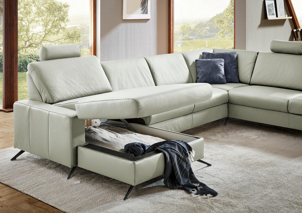 WOHNLANDSCHAFT in Echtleder Silberfarben  - Silberfarben/Schwarz, Design, Leder/Metall (165/339/233cm) - Beldomo Premium