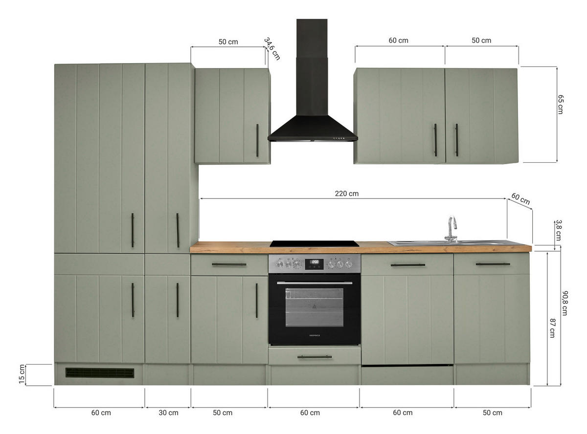 KÜCHENBLOCK 310 cm   in Wildeiche, Schilfgrün  - Schilfgrün/Wildeiche, Trend, Holzwerkstoff/Metall (310cm) - Respekta