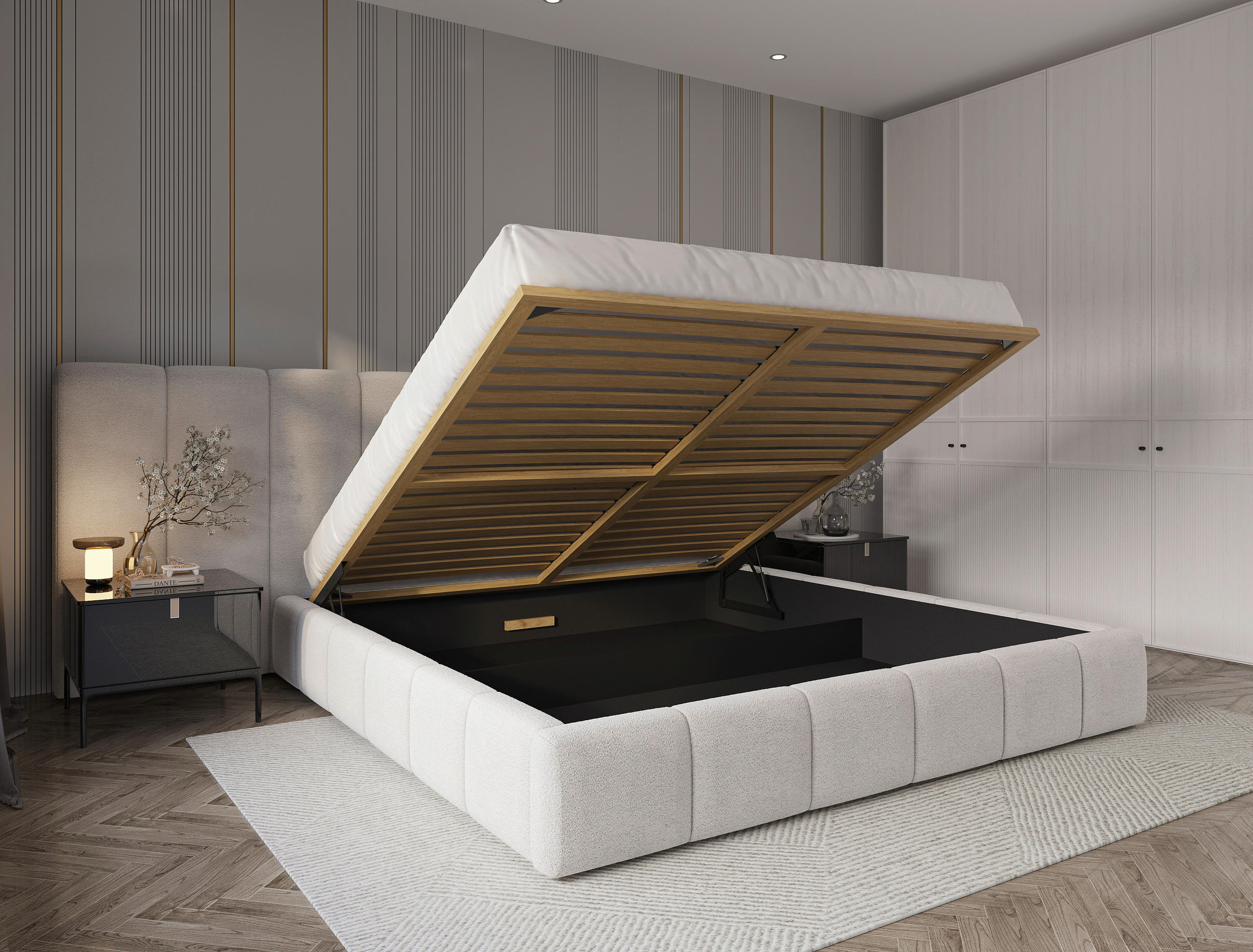 POLSTERBETT 200/200 cm,  in Beige, gepolstertes Kopfteil, Lattenrost, Bettkasten,  - Beige/Schwarz, Design, Holz/Kunststoff (200/200cm) - Chameo