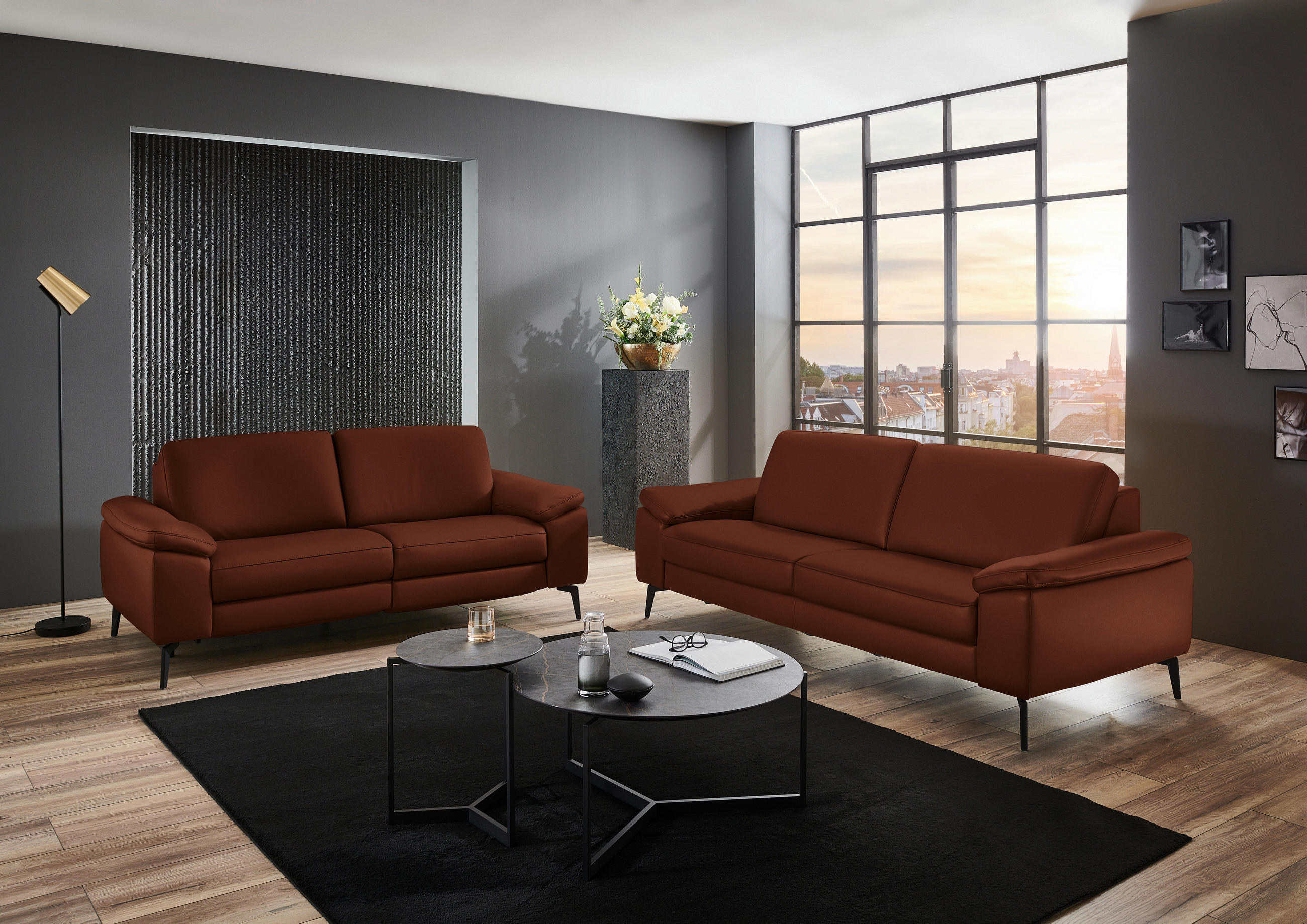 3-SITZER-SOFA in Leder Rotbraun  - Rotbraun/Schwarz, Design, Leder/Metall (224/88/100cm) - Valdera