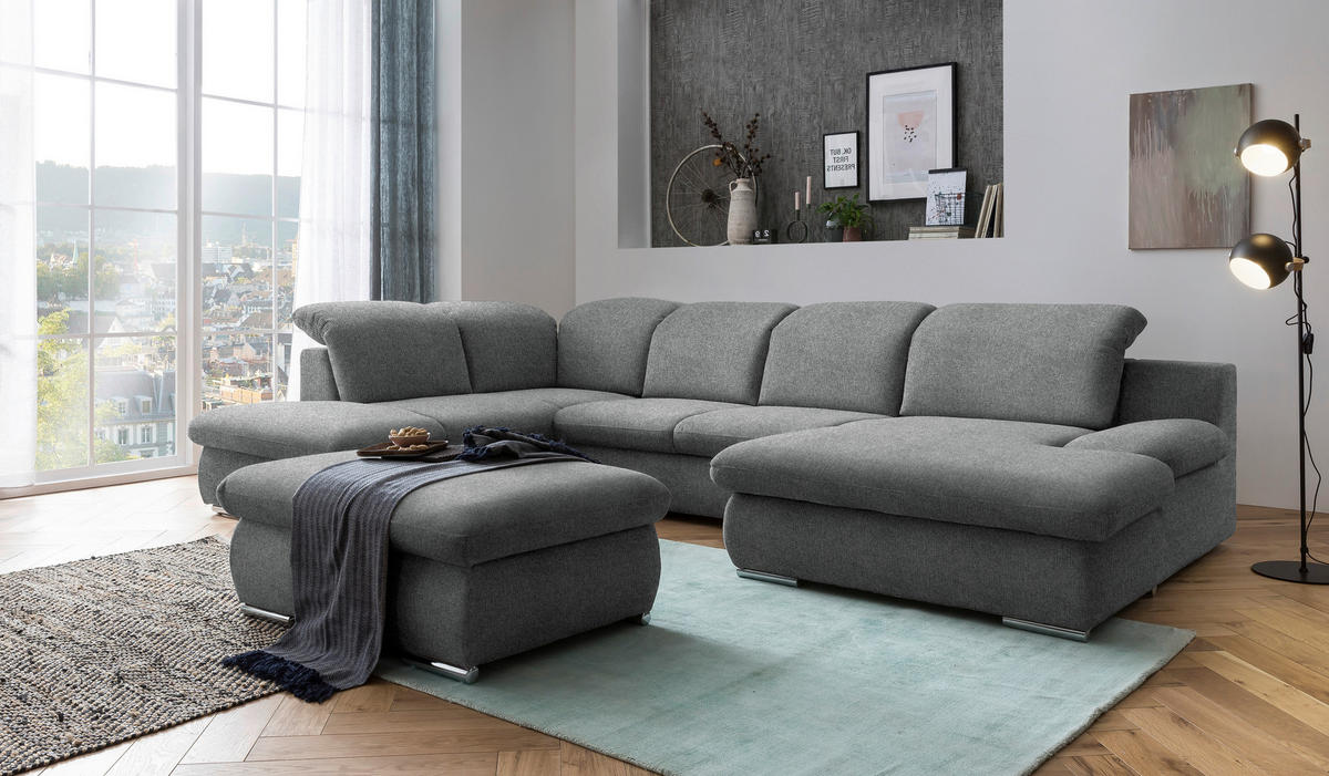WOHNLANDSCHAFT Dunkelgrau Chenille  - Chromfarben/Dunkelgrau, Design, Textil/Metall (212/353/165cm) - Livetastic