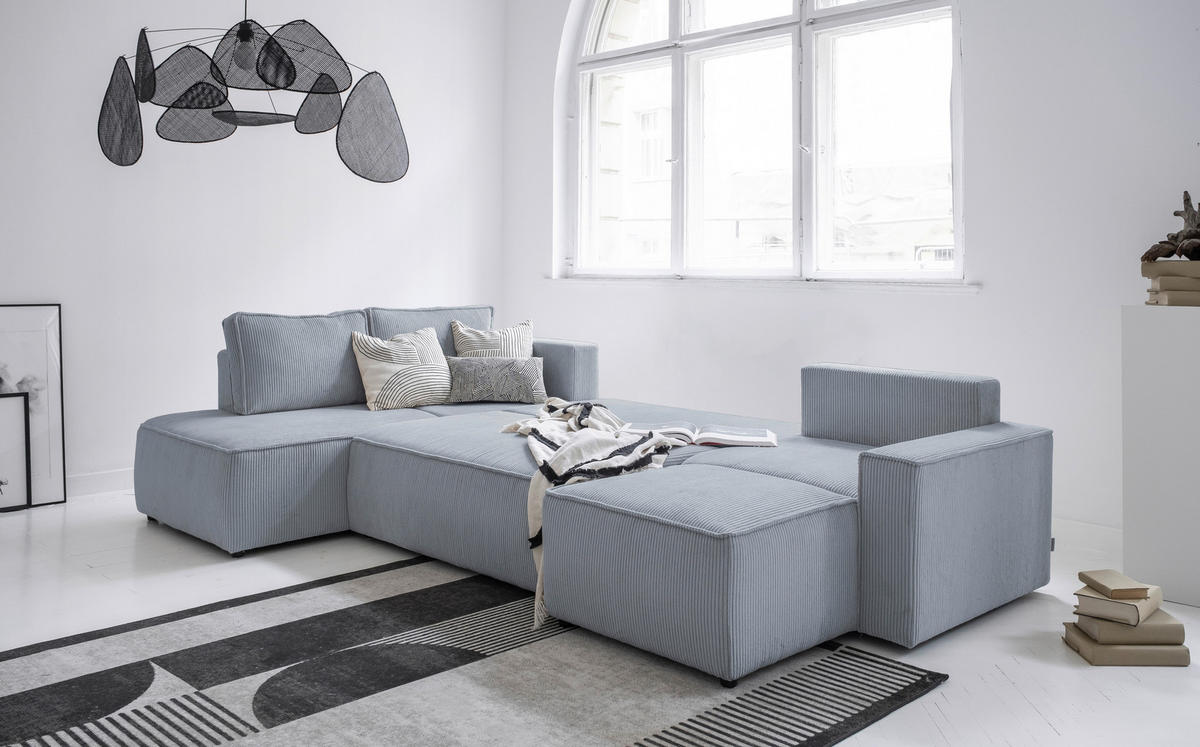 WOHNLANDSCHAFT Hellgrau Cord  - Hellgrau/Schwarz, Design, Kunststoff/Textil (194/322/156cm) - MID.YOU