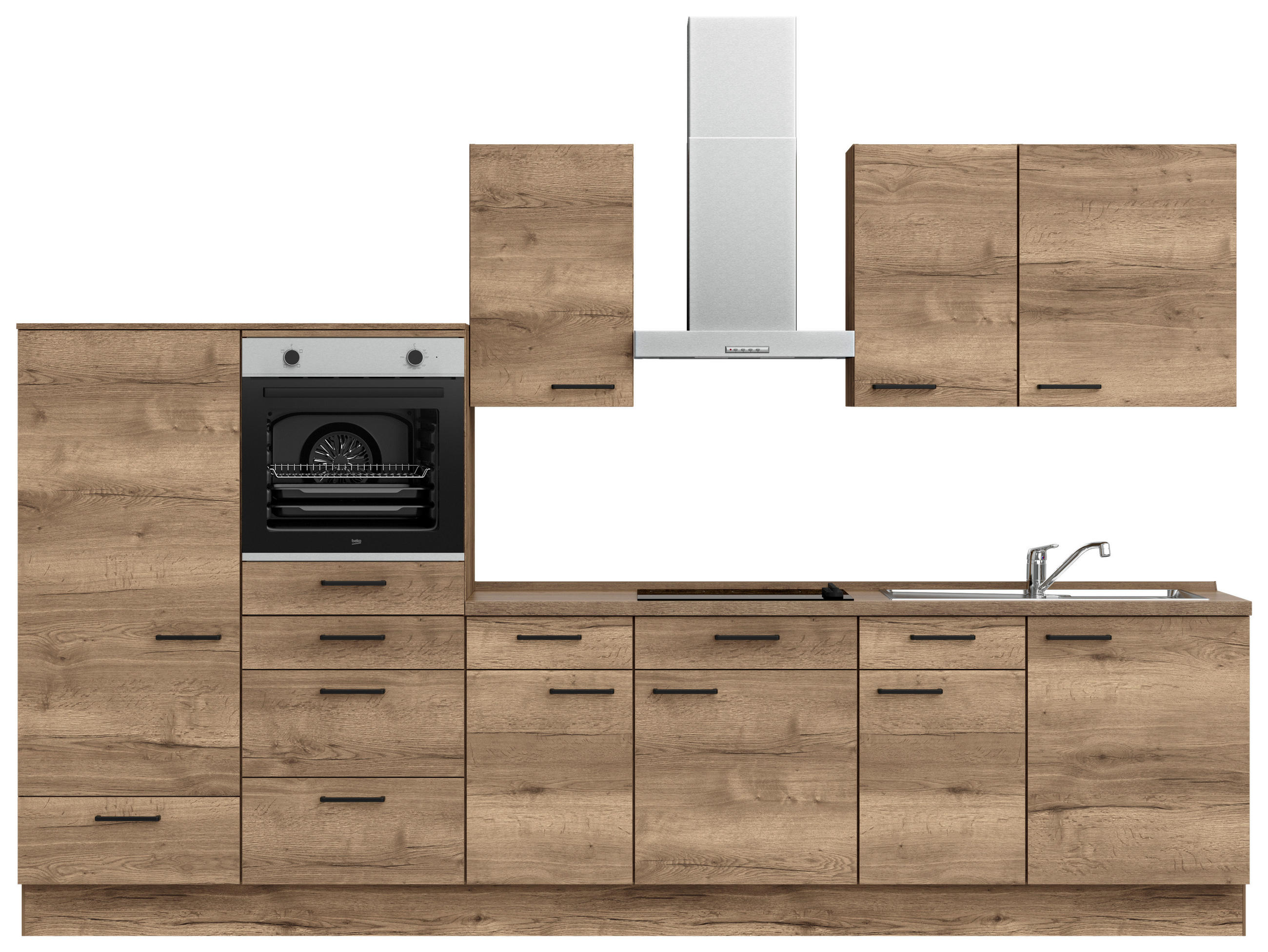 KÜCHENBLOCK 330 cm   in Eiche dunkel  - Eiche dunkel/Eichefarben, MODERN, Holzwerkstoff/Metall (330cm) - Nobilia