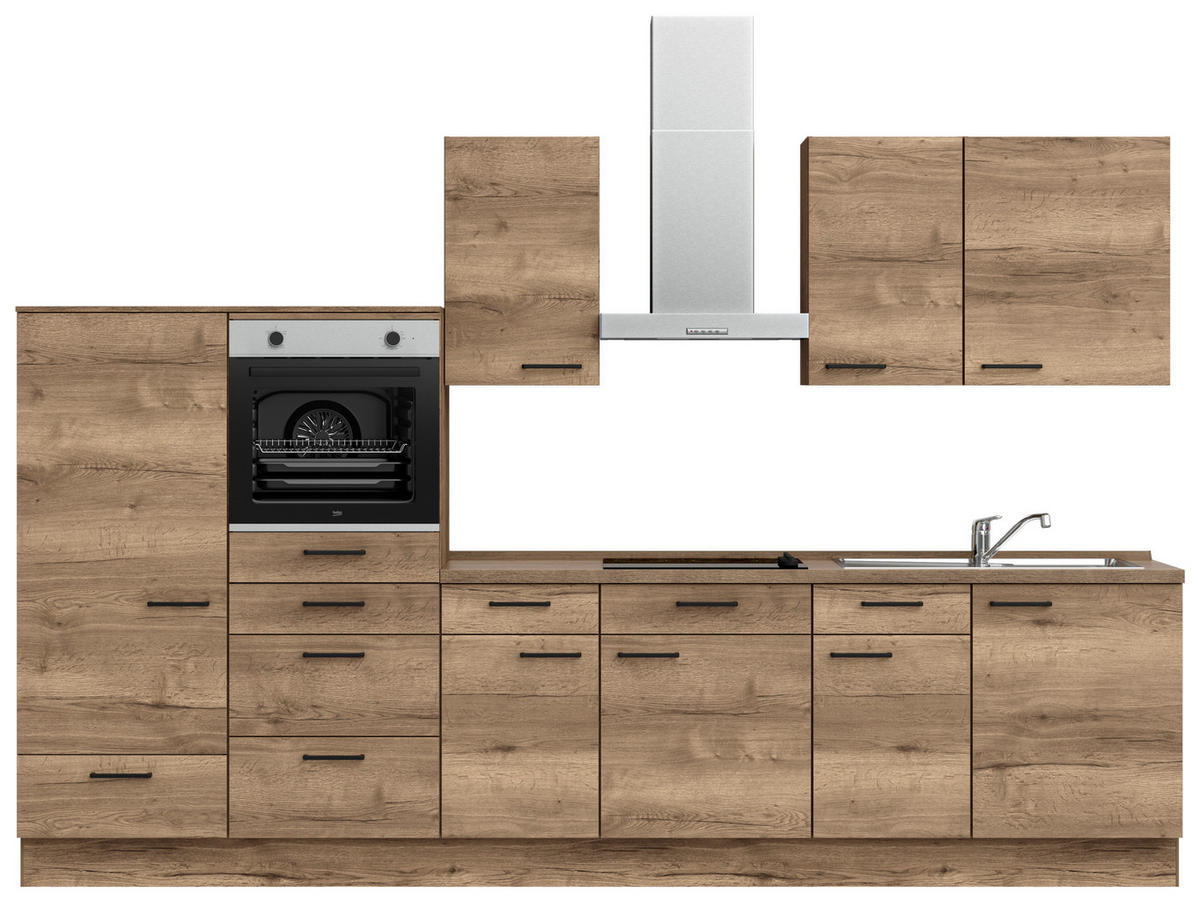 KÜCHENBLOCK 330 cm   in Eiche dunkel  - Eiche dunkel/Eichefarben, MODERN, Holzwerkstoff/Metall (330cm) - Nobilia