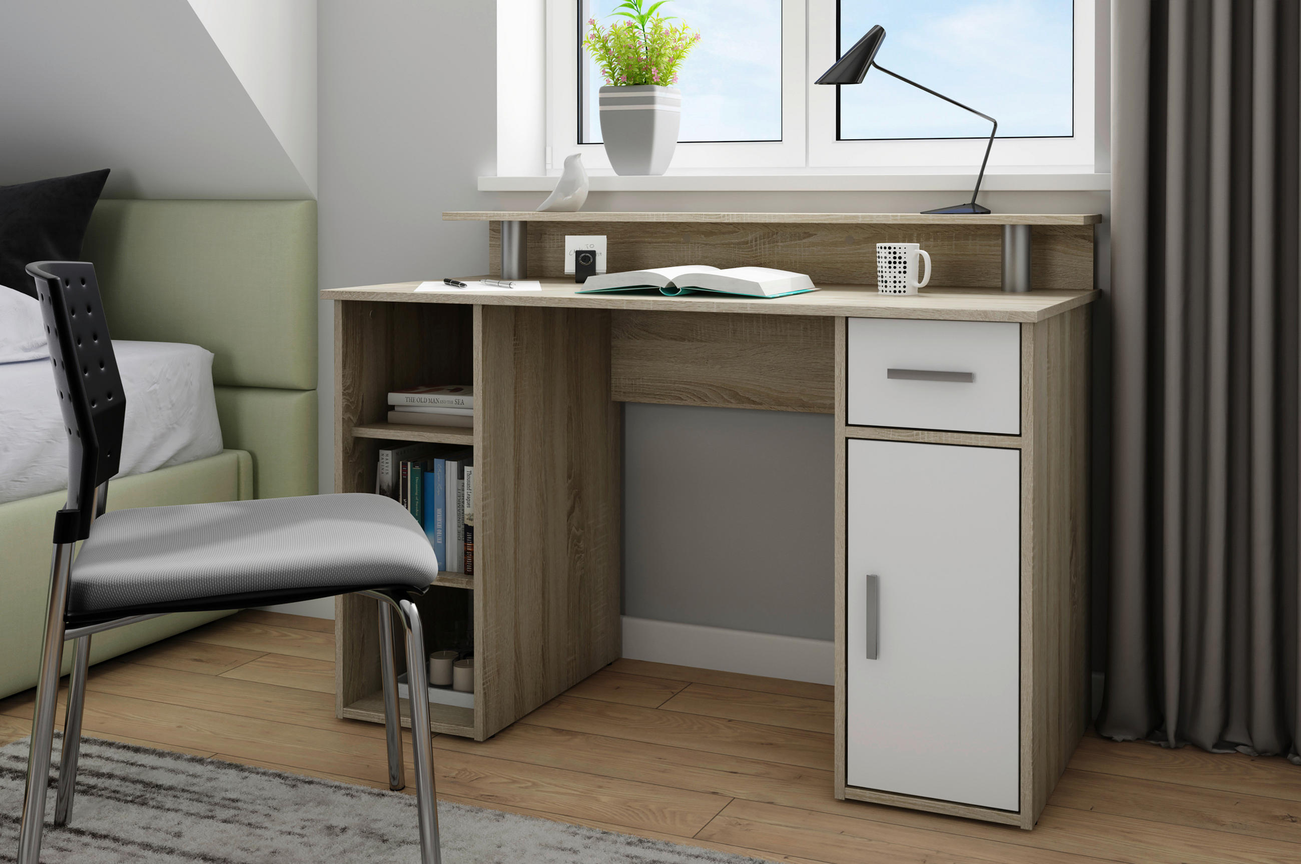 SCHREIBTISCH 120/55/88 cm  in Weiß, Sonoma Eiche  - Silberfarben/Weiß, LIFESTYLE, Holzwerkstoff/Kunststoff (120/55/88cm) - MID.YOU