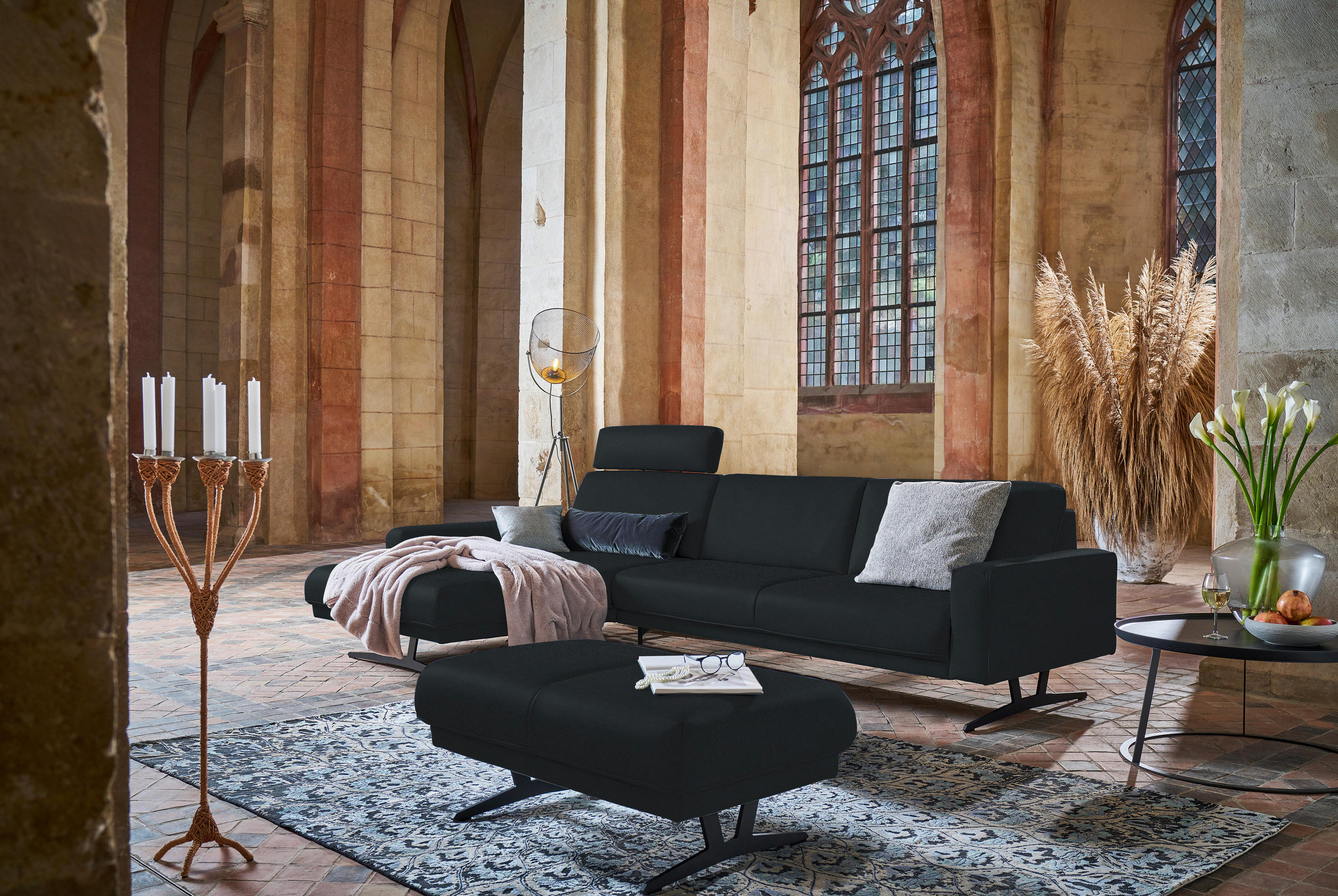 ECKSOFA in Echtleder Anthrazit  - Anthrazit, Konventionell, Leder/Metall (179/324cm) - Johann Jakob