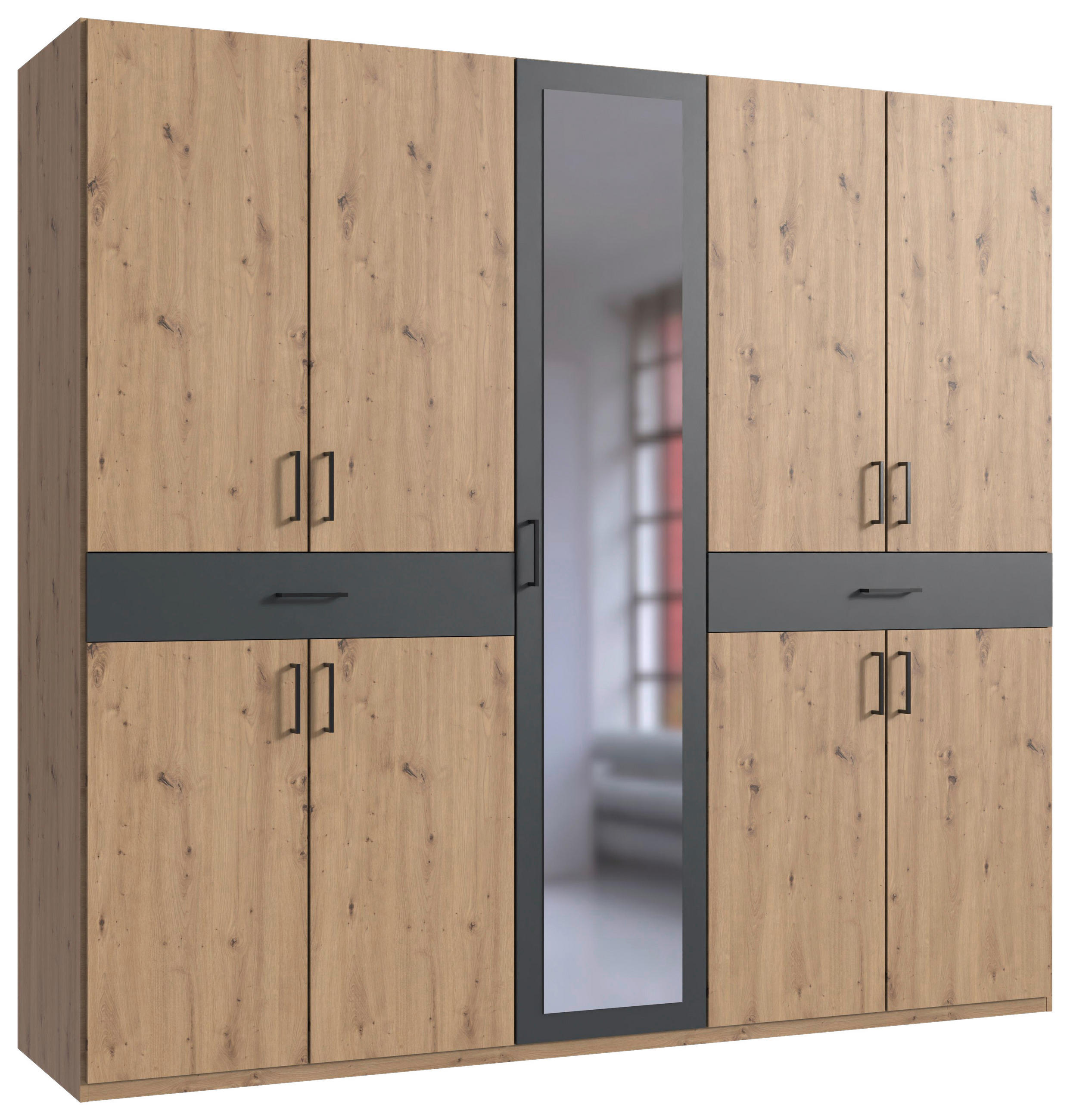 DREHTÜRENSCHRANK in Eiche Artisan, Graphitfarben  - Schwarz/Graphitfarben, Konventionell, Glas/Holzwerkstoff (225/208/58cm) - Carryhome