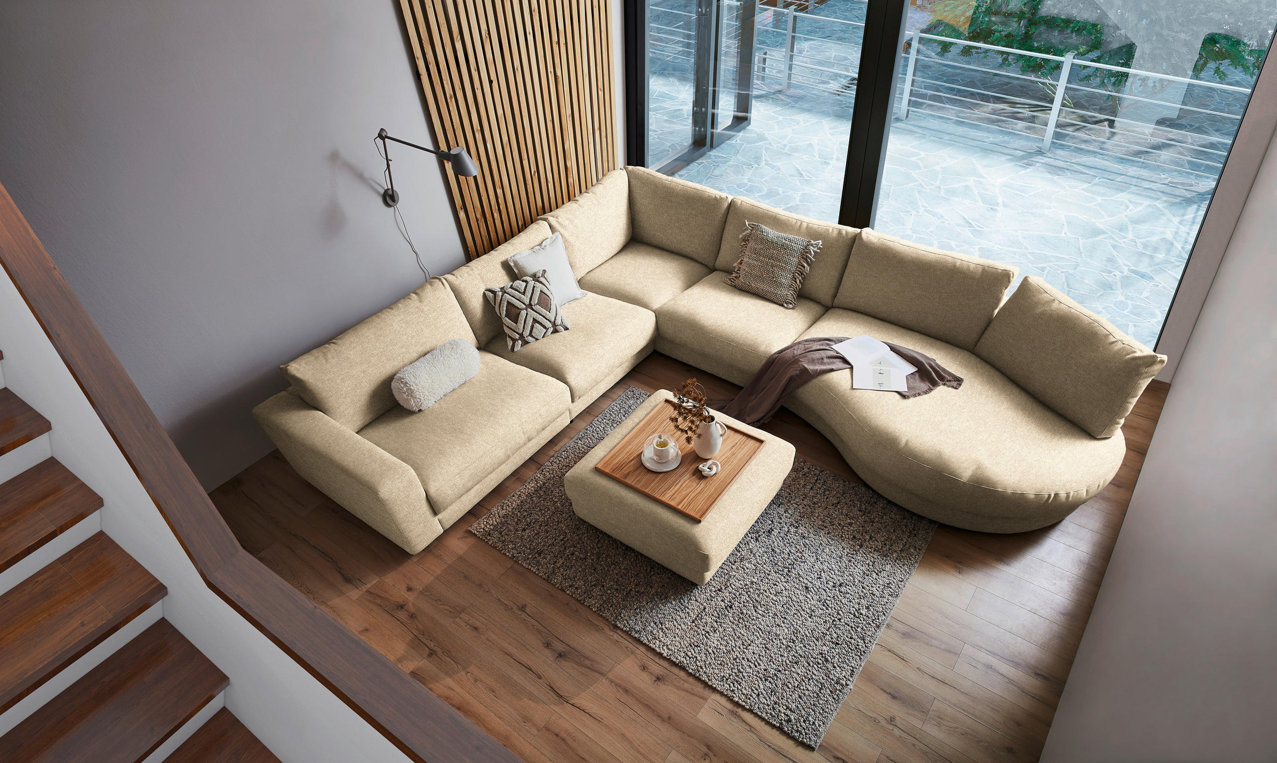ECKSOFA in Flachgewebe Sandfarben  - Sandfarben/Schwarz, Design, Kunststoff/Textil (365/425cm) - Lomoco