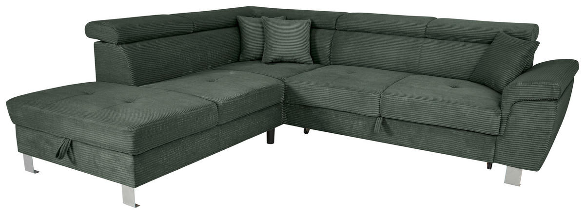 ECKSOFA inkl. Funktionen Waldgrün Cord  - Waldgrün/Silberfarben, Design, Textil/Metall (226/257cm) - Xora
