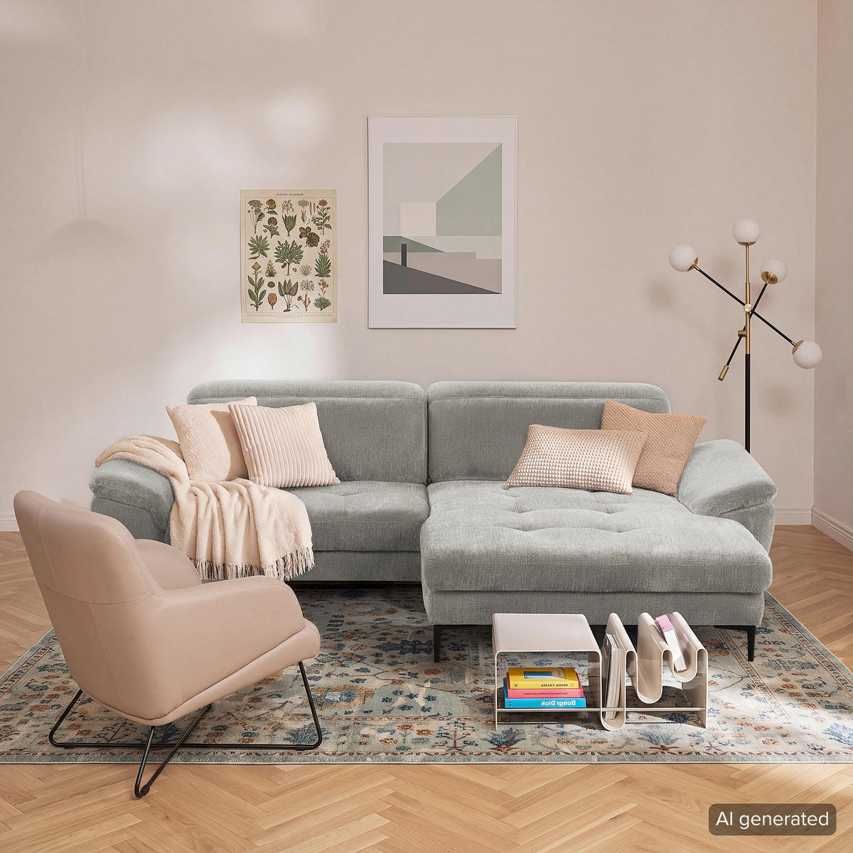 ECKSOFA PRADO Greige Webstoff Bettkasten, Kopfteilverstellung, Sitztiefenverstellung  - Greige/Schwarz, Design, Textil/Metall (268/195cm) - Livetastic