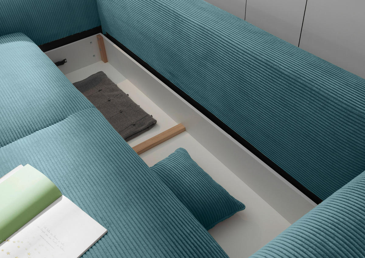 SCHLAFSOFA Cord Azurblau  - Azurblau/Schwarz, KONVENTIONELL, Kunststoff/Textil (247/95/125cm) - Hom`in