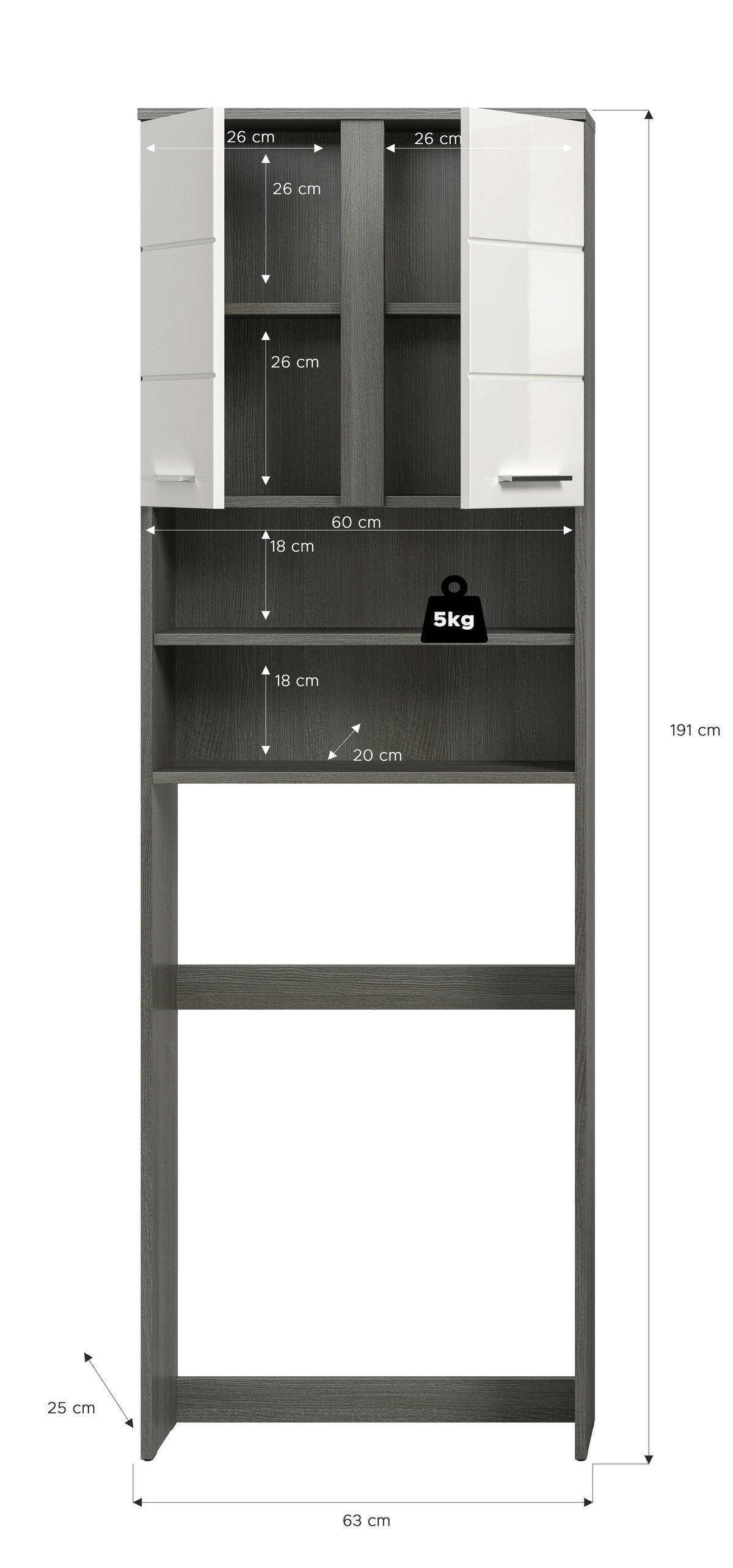 WASCHMASCHINENSCHRANK BLAKE 63/191/25 cm  - Weiß Hochglanz/Silberfarben, Trend, Holzwerkstoff/Kunststoff (63/191/25cm) - MID.YOU