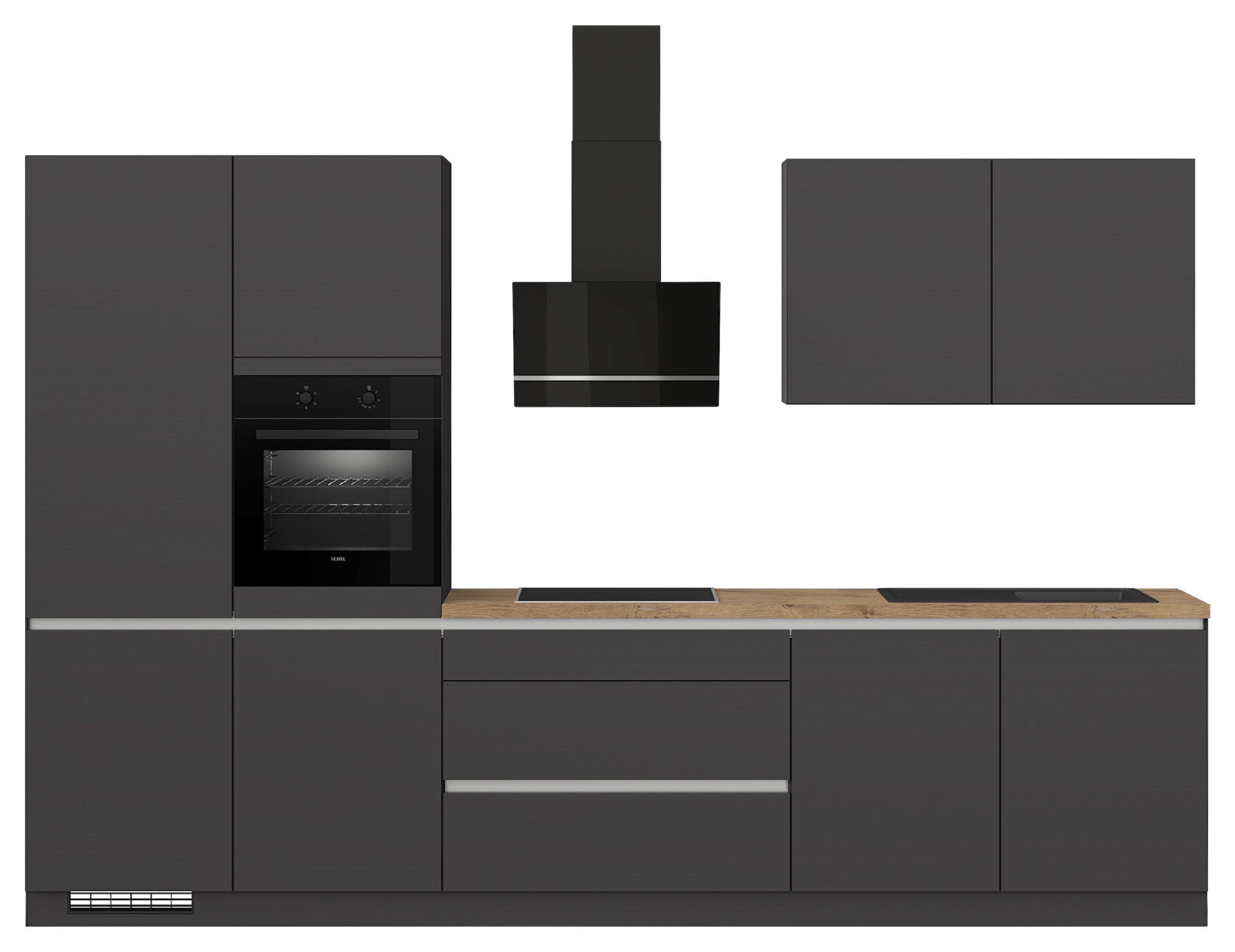 KÜCHENLEERBLOCK 340 cm   Graphitfarben  - Edelstahlfarben/Eichefarben, Design, Holzwerkstoff/Metall (340cm) - Impuls