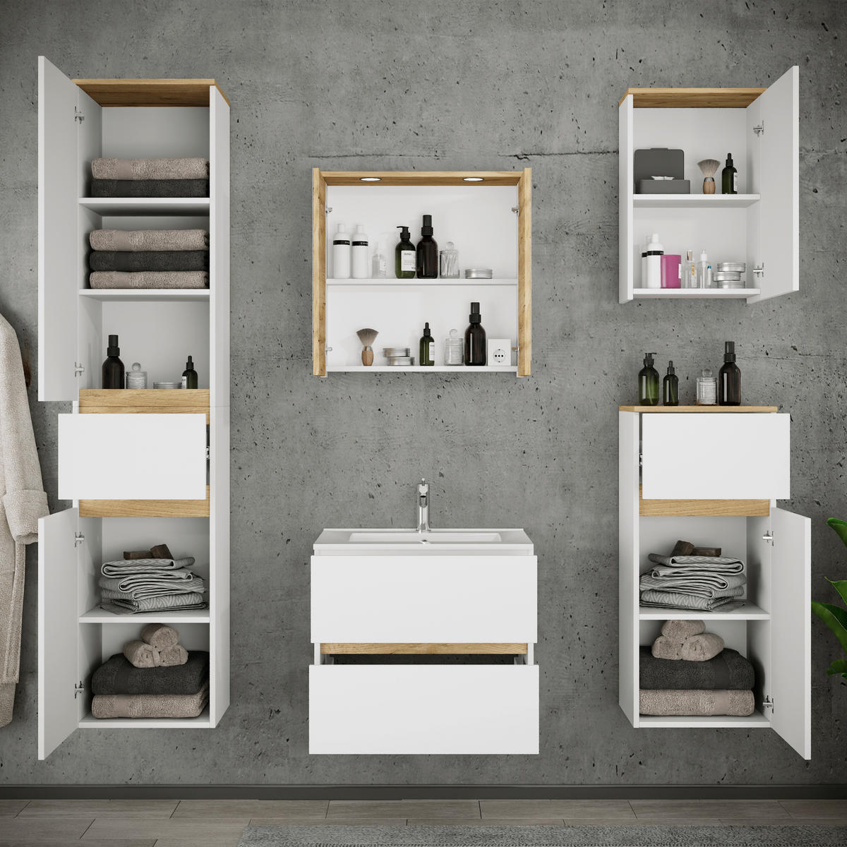 BADEZIMMER 6-teilig 141 cm  - Honigeiche/Weiss, Trend, Keramik/Holzwerkstoff (141cm) - MID.YOU