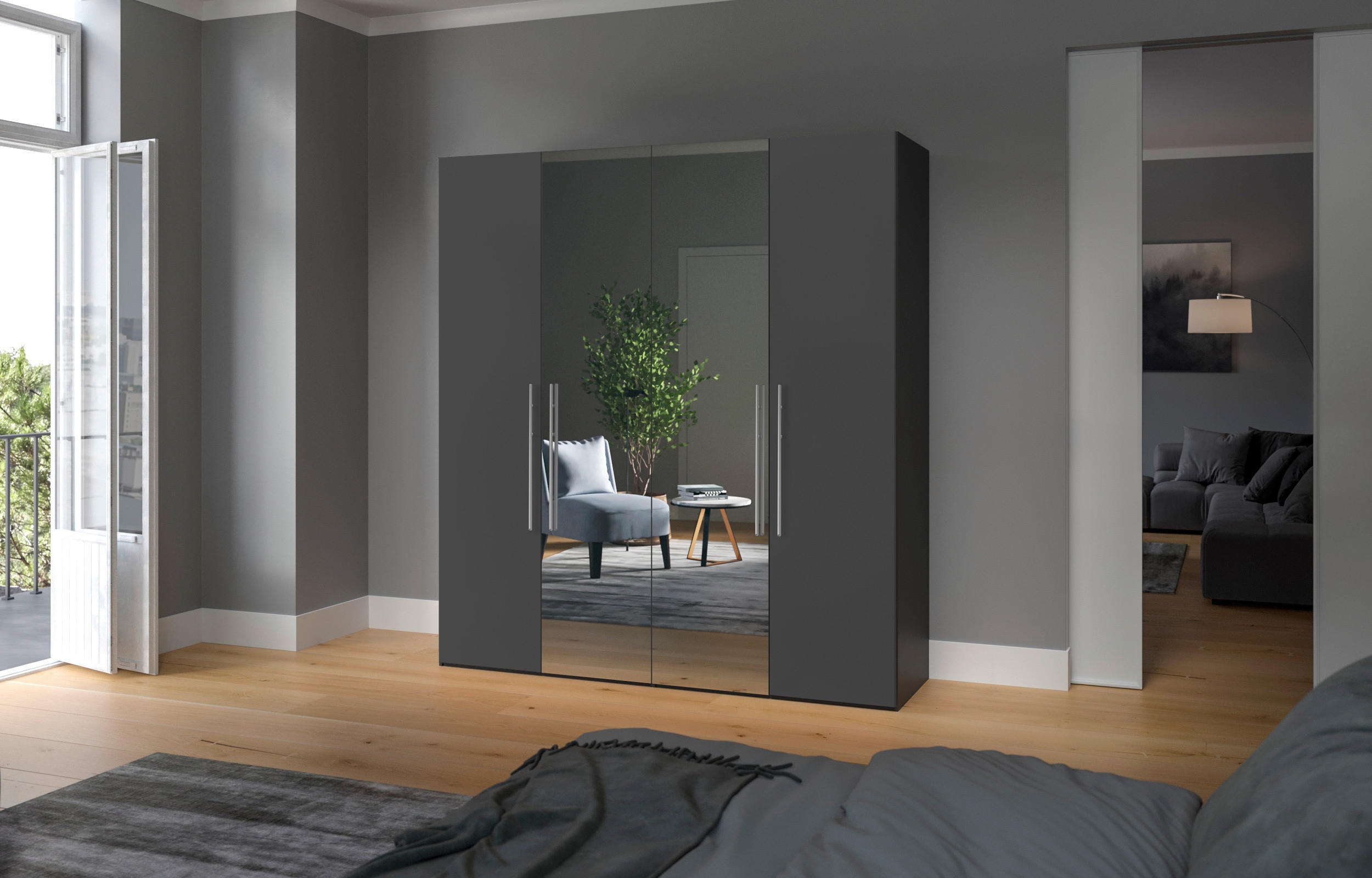 DREHTÜRENSCHRANK  in Anthrazit, Schwarz  - Edelstahlfarben/Anthrazit, Design, Glas/Holzwerkstoff (203/236/59cm) - Carryhome