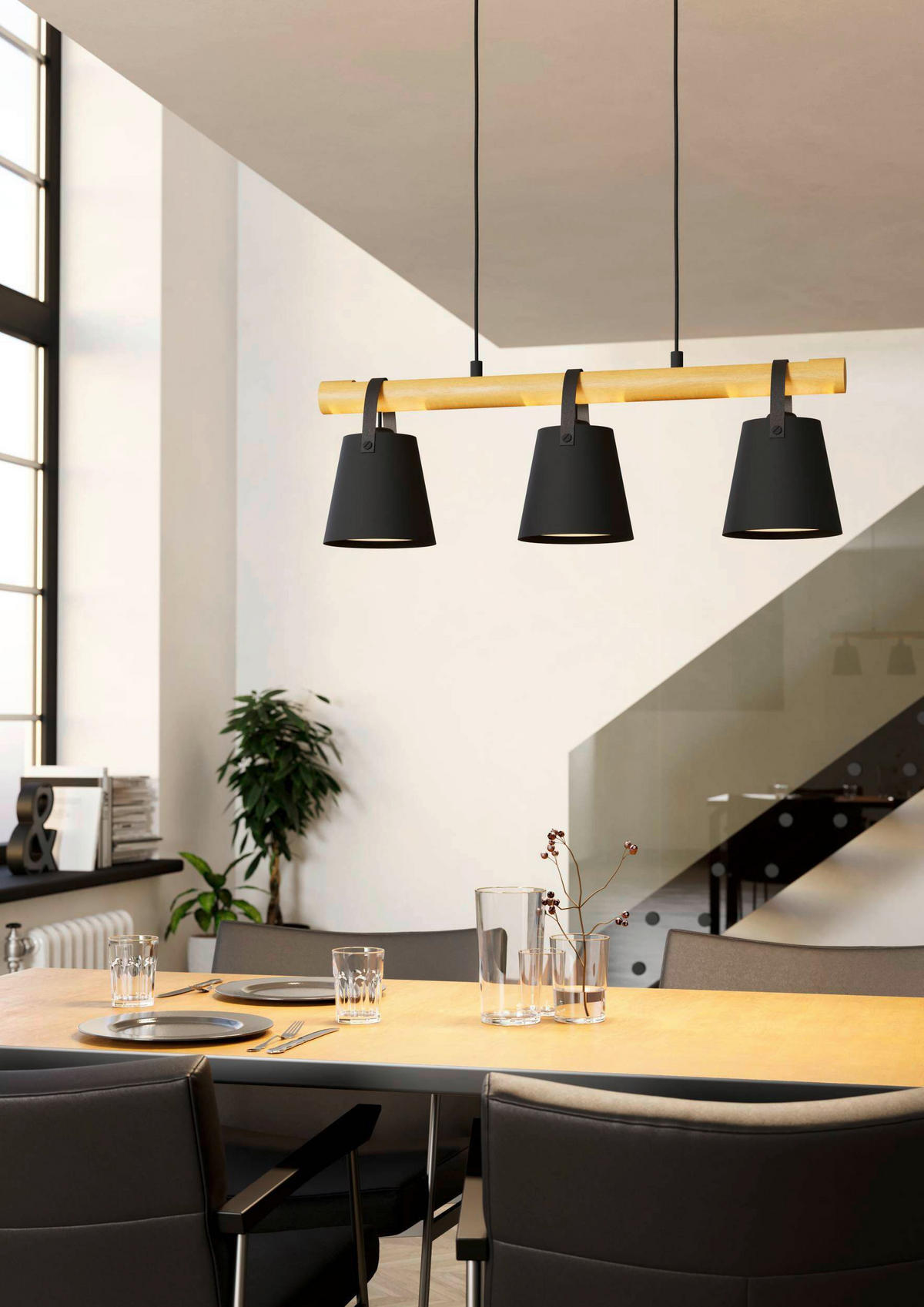 HÄNGELEUCHTE 78/17/110 cm  - Schwarz/Braun, Design, Leder/Holz (78/17/110cm) - Eglo