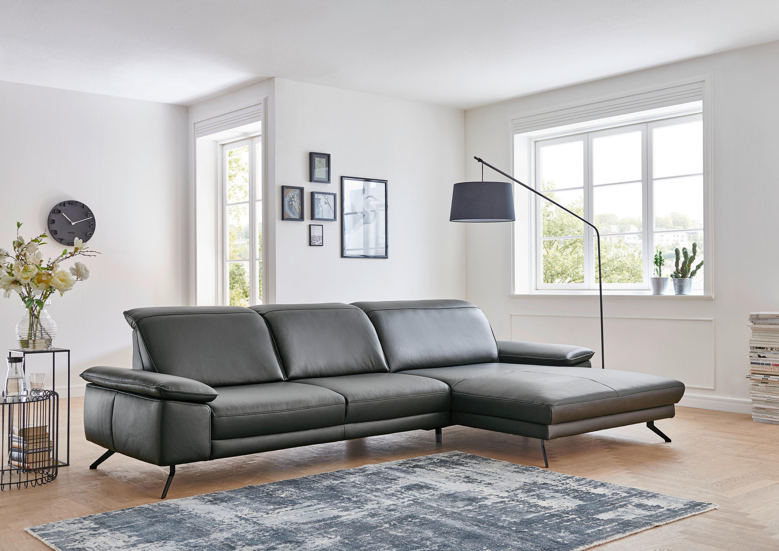 ECKSOFA Anthrazit Echtleder  - Anthrazit/Schwarz, Design, Leder/Metall (193/332cm) - Dieter Knoll
