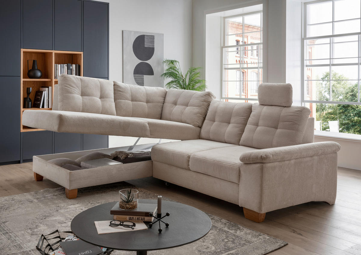 ECKSOFA in Cord Beige  - Beige/Naturfarben, Modern, Holz/Textil (206/274cm) - Livetastic