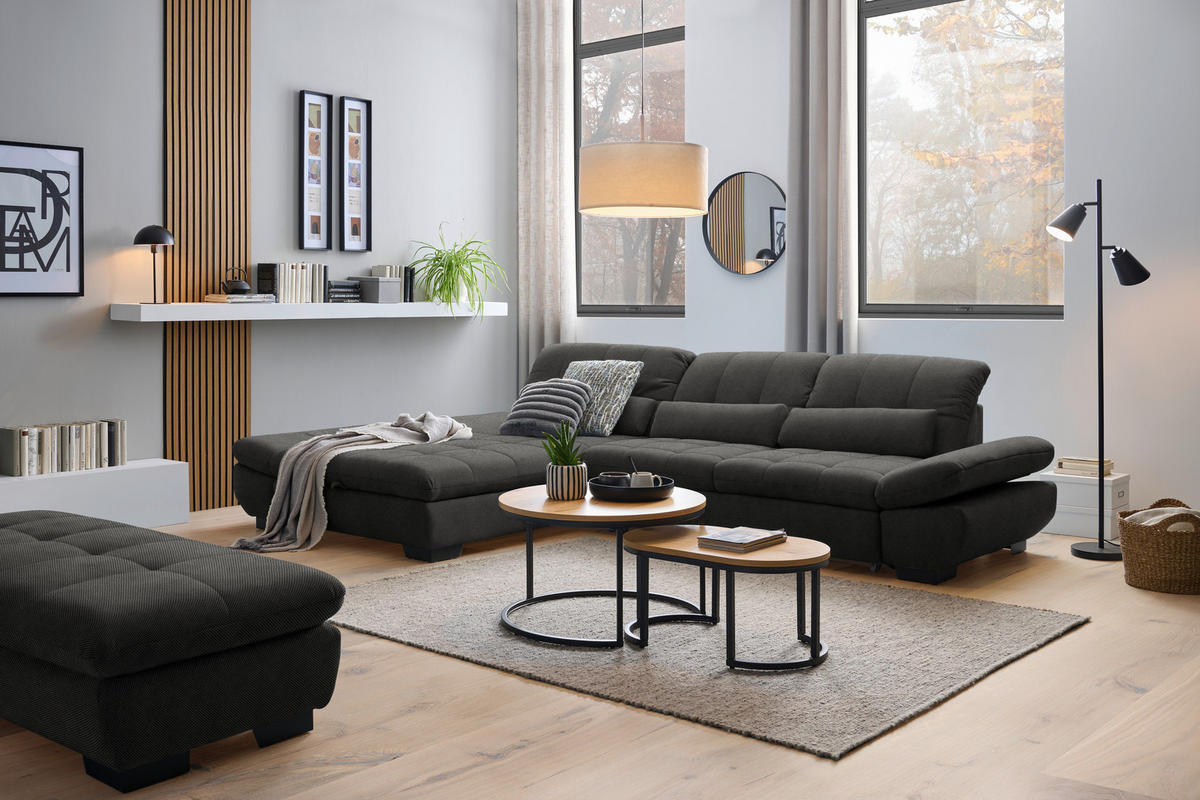 ECKSOFA Flachgewebe Dunkelgrau  - Dunkelgrau/Schwarz, Design, Textil/Metall (204/341cm) - Xora