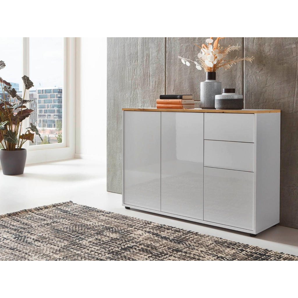 Thumbnail - Mid.you Sideboard Mailand Set 9, Weiß, Eiche Artisan, Weiß Hochglanz, Holzwerkstoff, 1 Fächer, 6 Schubladen, 184.5x73x33...