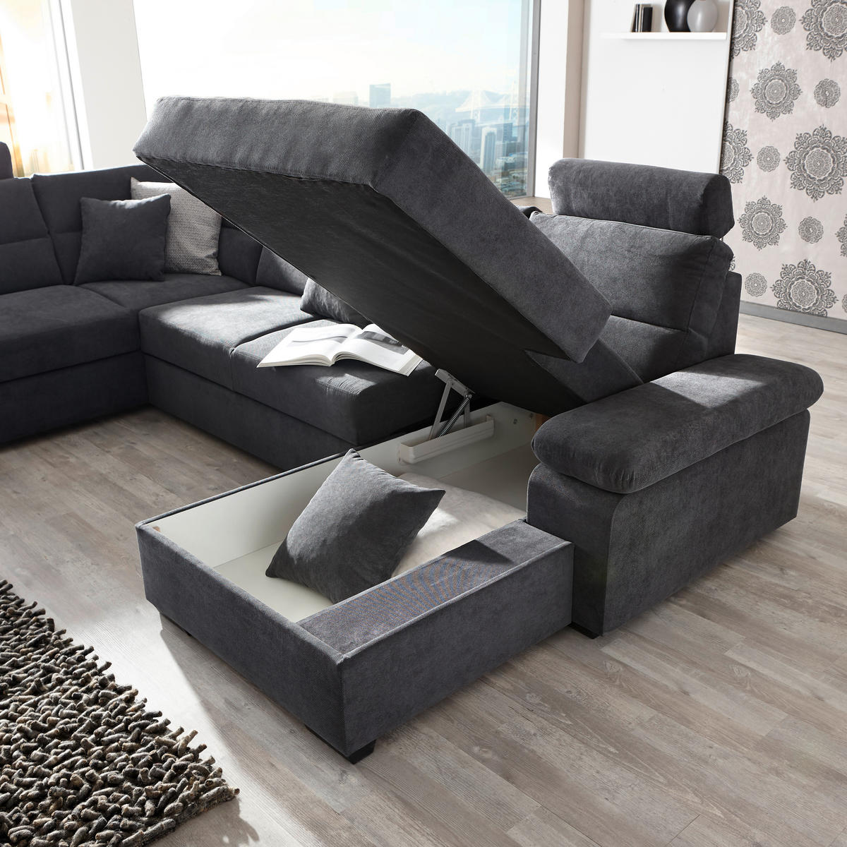 WOHNLANDSCHAFT inkl.Funktionen Anthrazit Webstoff  - Dunkelbraun/Anthrazit, KONVENTIONELL, Kunststoff/Textil (183/319/166cm) - Cantus
