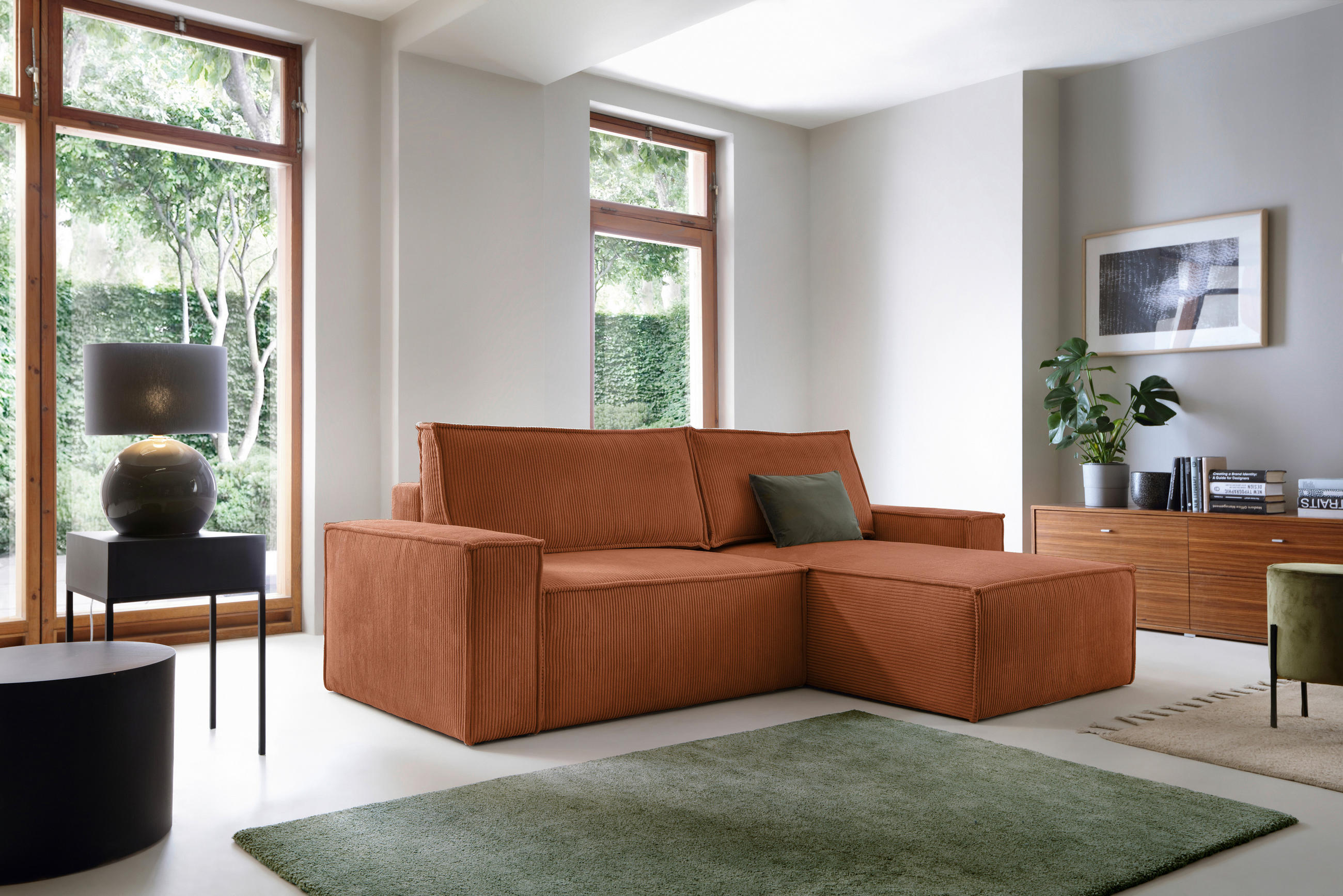 HÖRNBÄDDSOFFA i sammet rostfärgad  - svart/rostfärgad, Klassisk, trä/textil (251/170cm) - MID.YOU