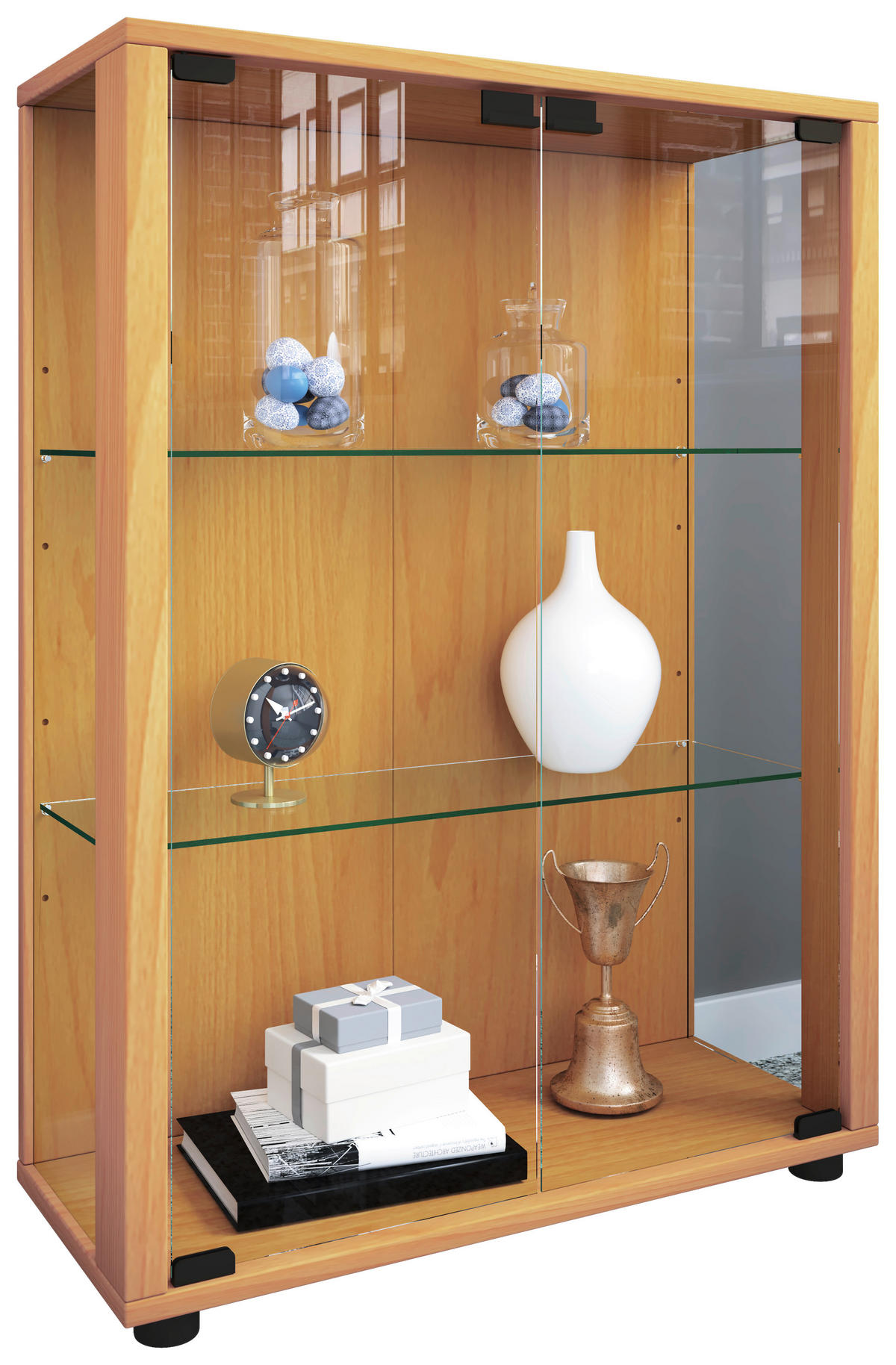 VITRINA, barve bukve - črna/barve bukve, Design, umetna masa/steklo (60/80/25cm) - MID.YOU