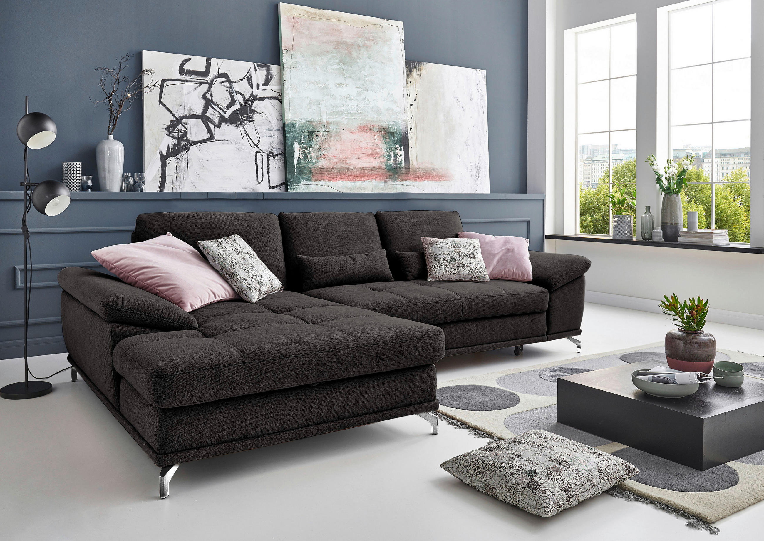 ECKSOFA 176/301 cm  in Flachgewebe Schwarz Sitztiefenverstellung  176/301 cm  - Silberfarben/Schwarz, KONVENTIONELL, Textil/Metall (176/301cm) - Sit & More