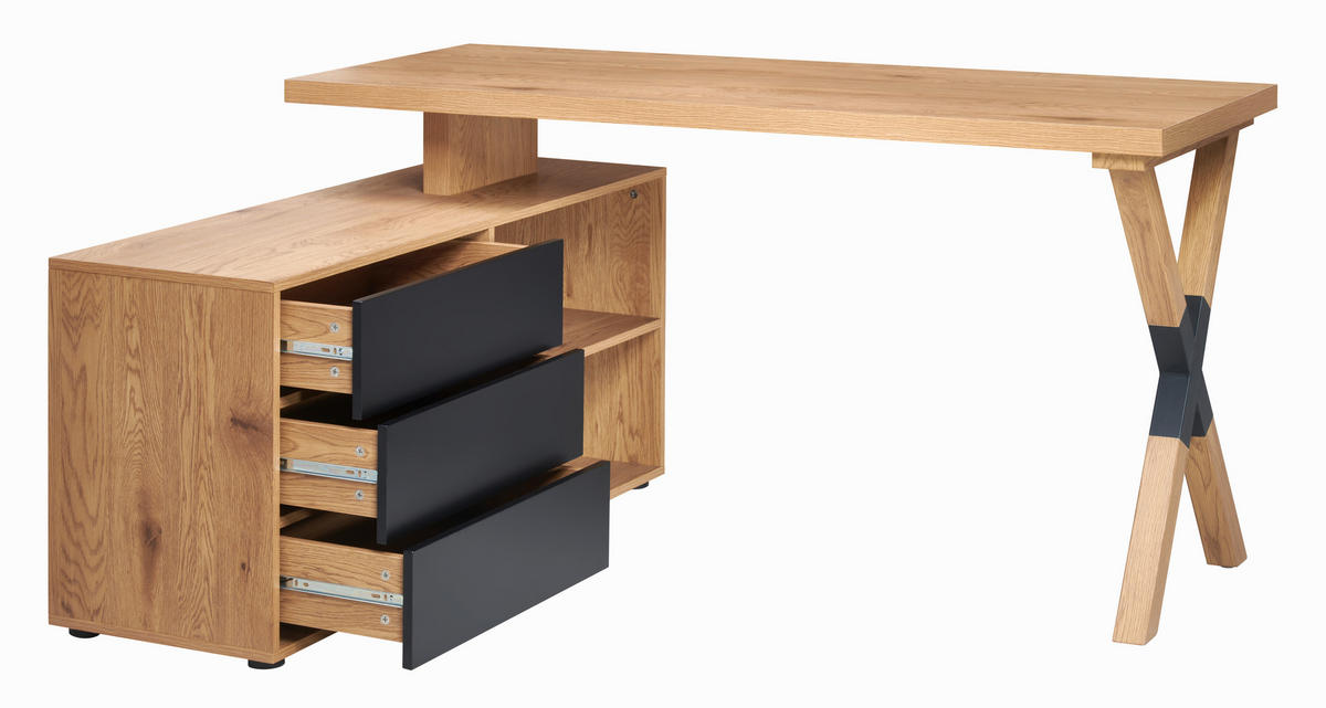 KOTNA PISALNA MIZA kovina, leseni material črna, barve hrasta  - črna/barve hrasta, Moderno, kovina/leseni material (150/75/120cm) - MID.YOU