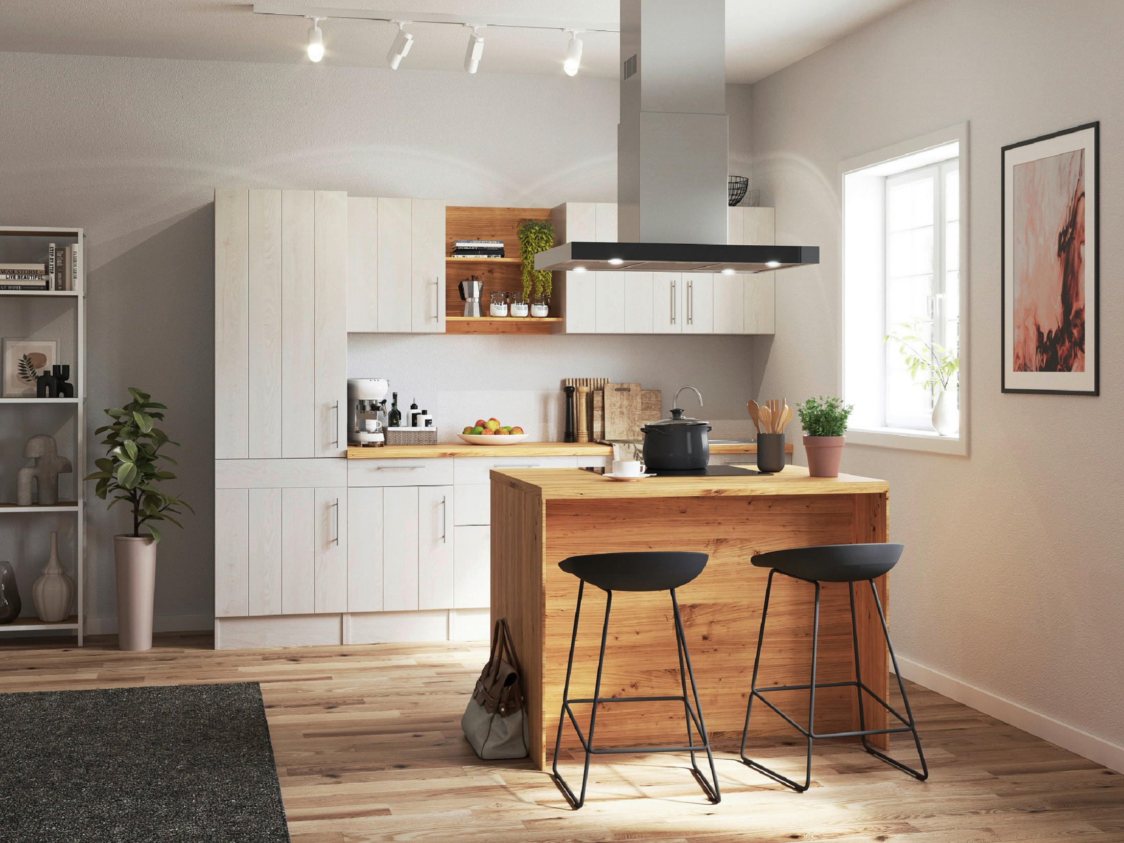 KÜCHENBLOCK 280-124 cm in Weiß, Lärchefarben - Wildeiche/Edelstahlfarben, LIFESTYLE, Holzwerkstoff/Metall (280-124cm) - Respekta