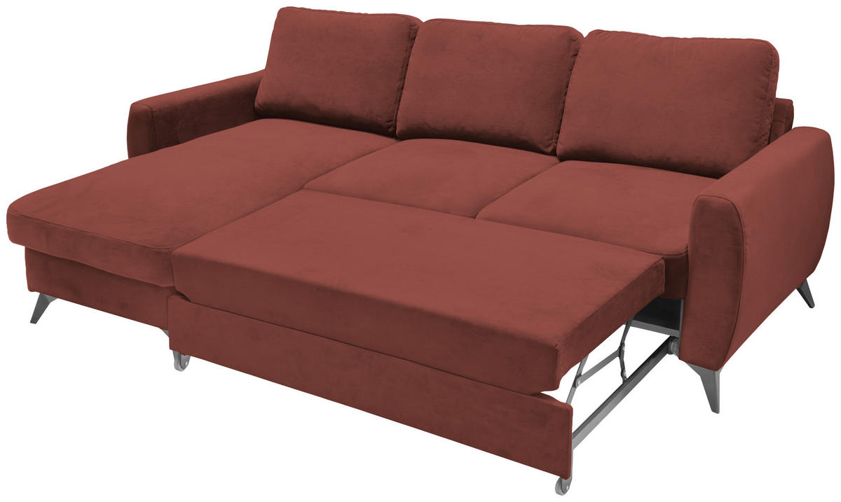 ECKSCHLAFSOFA JEFFREY Mikrovelours Rotbraun  inkl. Zierkissen, Rückenkissen, Stauraum  - Rotbraun/Schwarz, KONVENTIONELL, Textil/Metall (230/150cm) - Livetastic