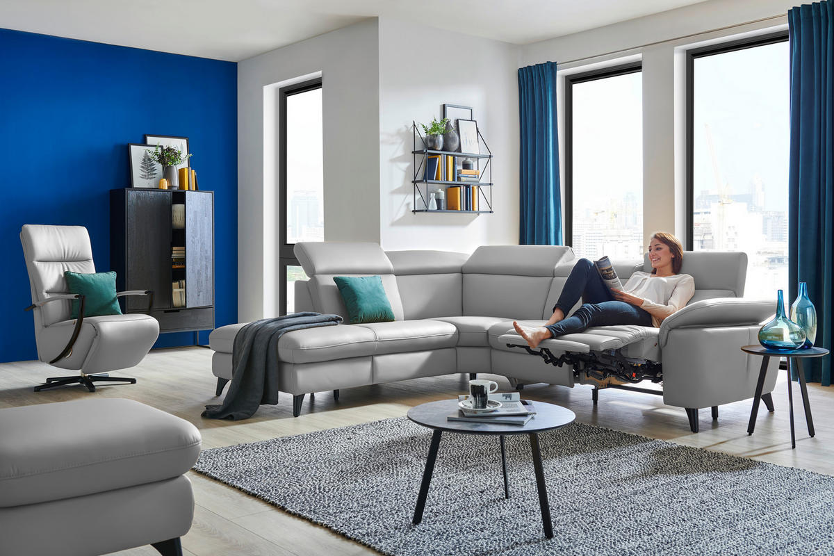 ECKSOFA in Echtleder Grau  - Schwarz/Grau, Design, Leder/Metall (239/285cm) - Cantus