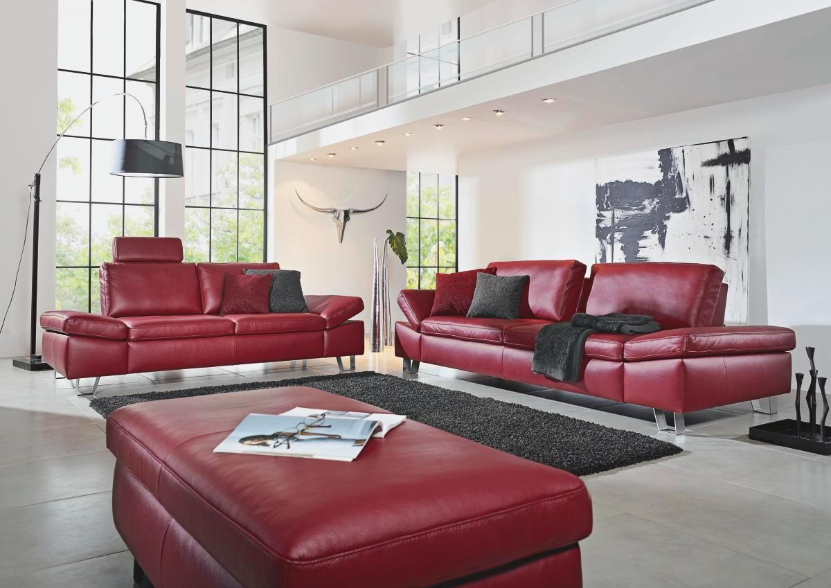 SITZGARNITUR Rot Echtleder  - Edelstahlfarben/Rot, Design, Leder/Metall (220/200/85/109cm) - Moderano