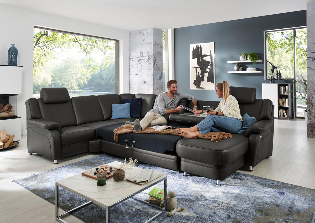 WOHNLANDSCHAFT in Echtleder Anthrazit  - Anthrazit/Alufarben, Konventionell, Leder/Metall (239/329/165cm) - Beldomo Premium