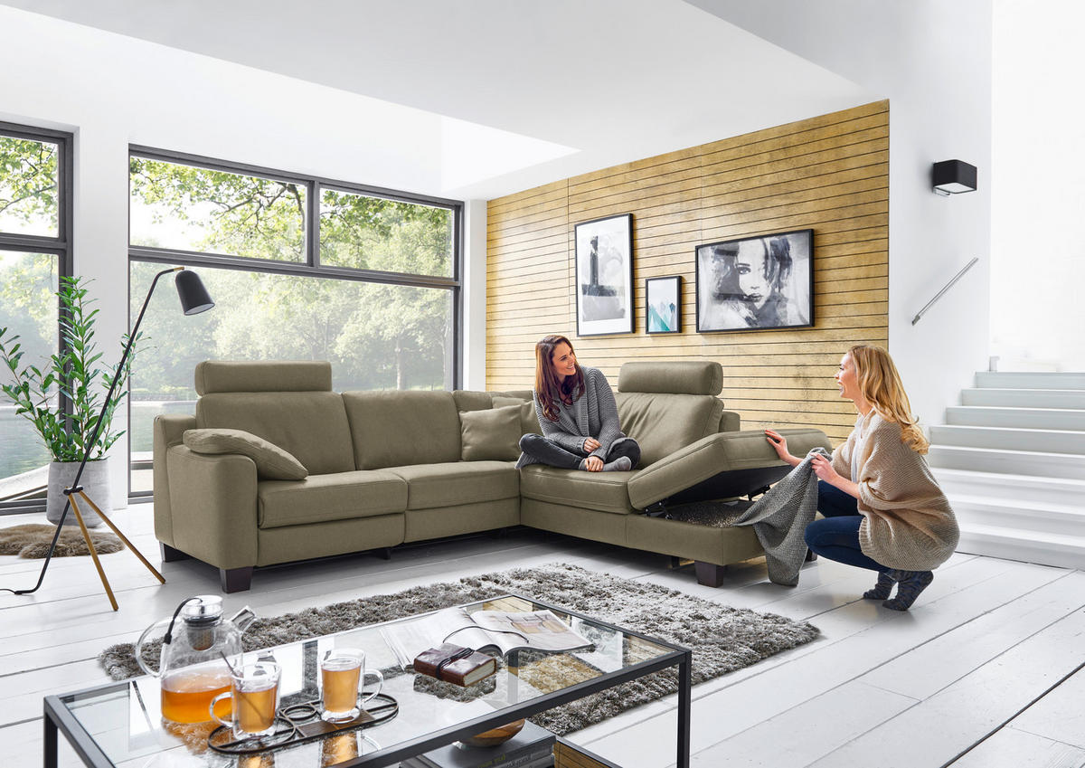 ECKSOFA in Echtleder Olivgrün  - Eichefarben/Olivgrün, Design, Leder/Holz (259/235cm) - Valdera