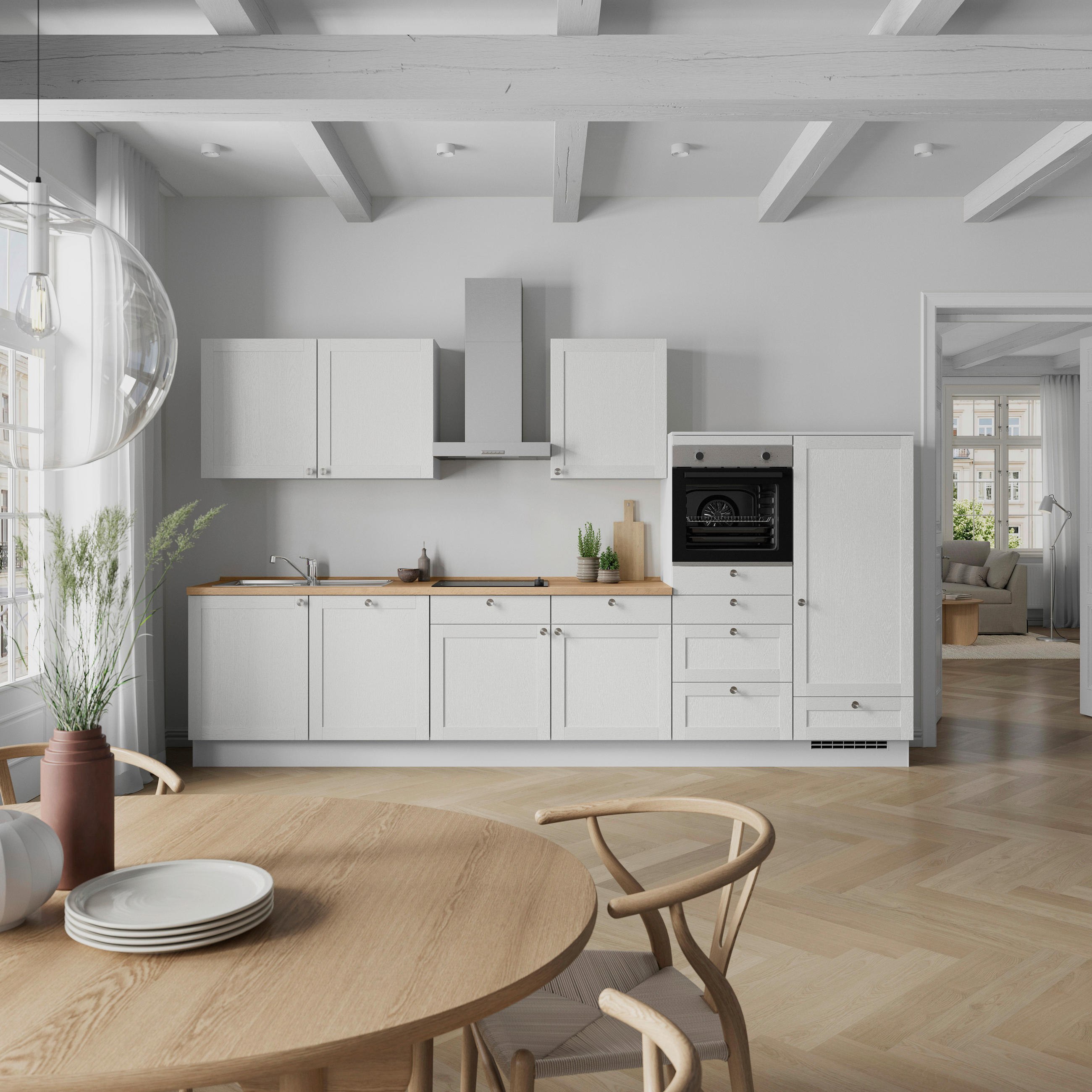 KÜCHENLEERBLOCK Frame 360 cm  in Weiß, Eichefarben  - Edelstahlfarben/Eichefarben, MODERN, Holzwerkstoff/Metall (360cm) - Nobilia
