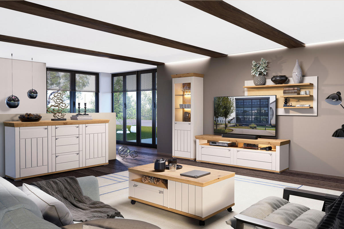 WOHNWAND  in Kaschmir, Eiche Artisan  330/208/53 cm  - Kaschmir/Eiche Artisan, ROMANTIK / LANDHAUS, Glas/Holzwerkstoff (330/208/53cm) - Landscape