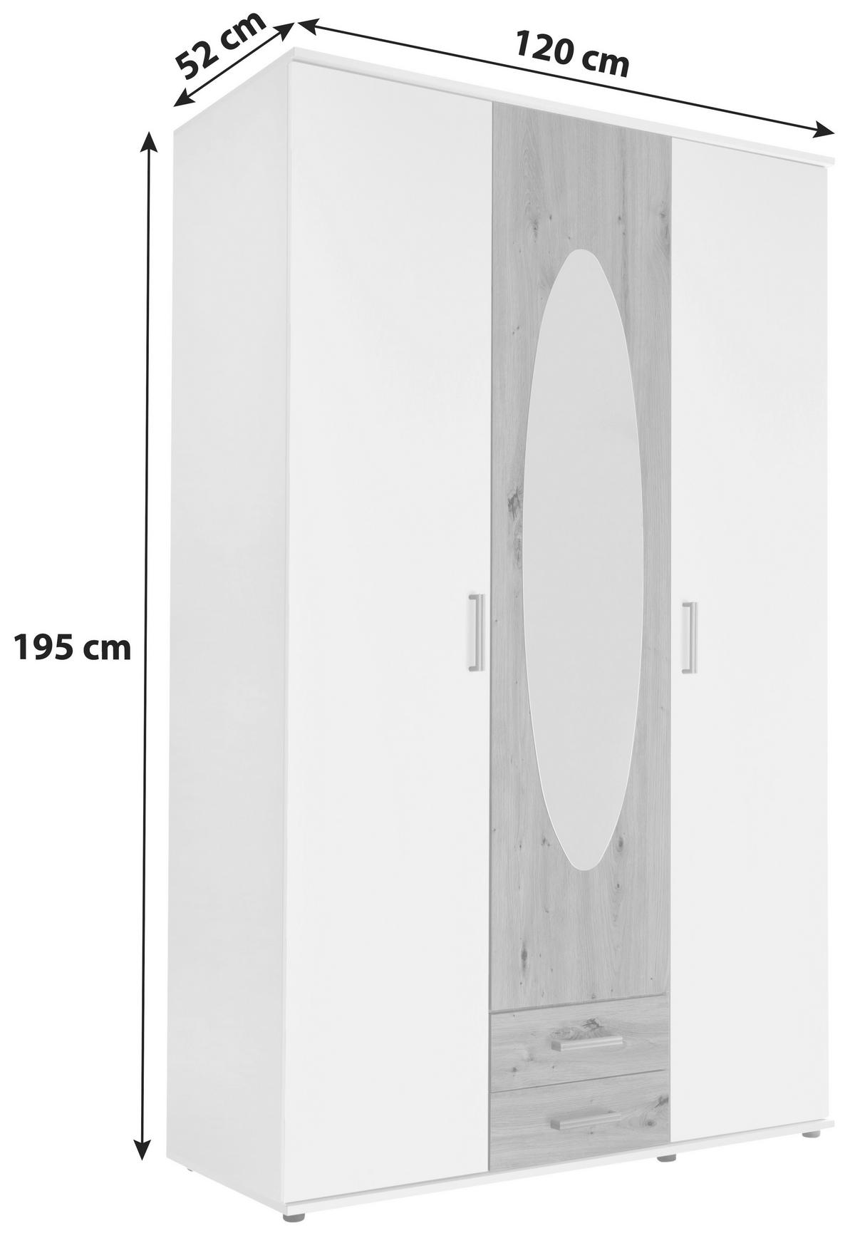 DREHTÜRENSCHRANK 120/195/55 cm 3-türig Weiß, Eiche Artisan  - Alufarben/Weiß, ROMANTIK / LANDHAUS, Glas/Holzwerkstoff (120/195/55cm) - P & B