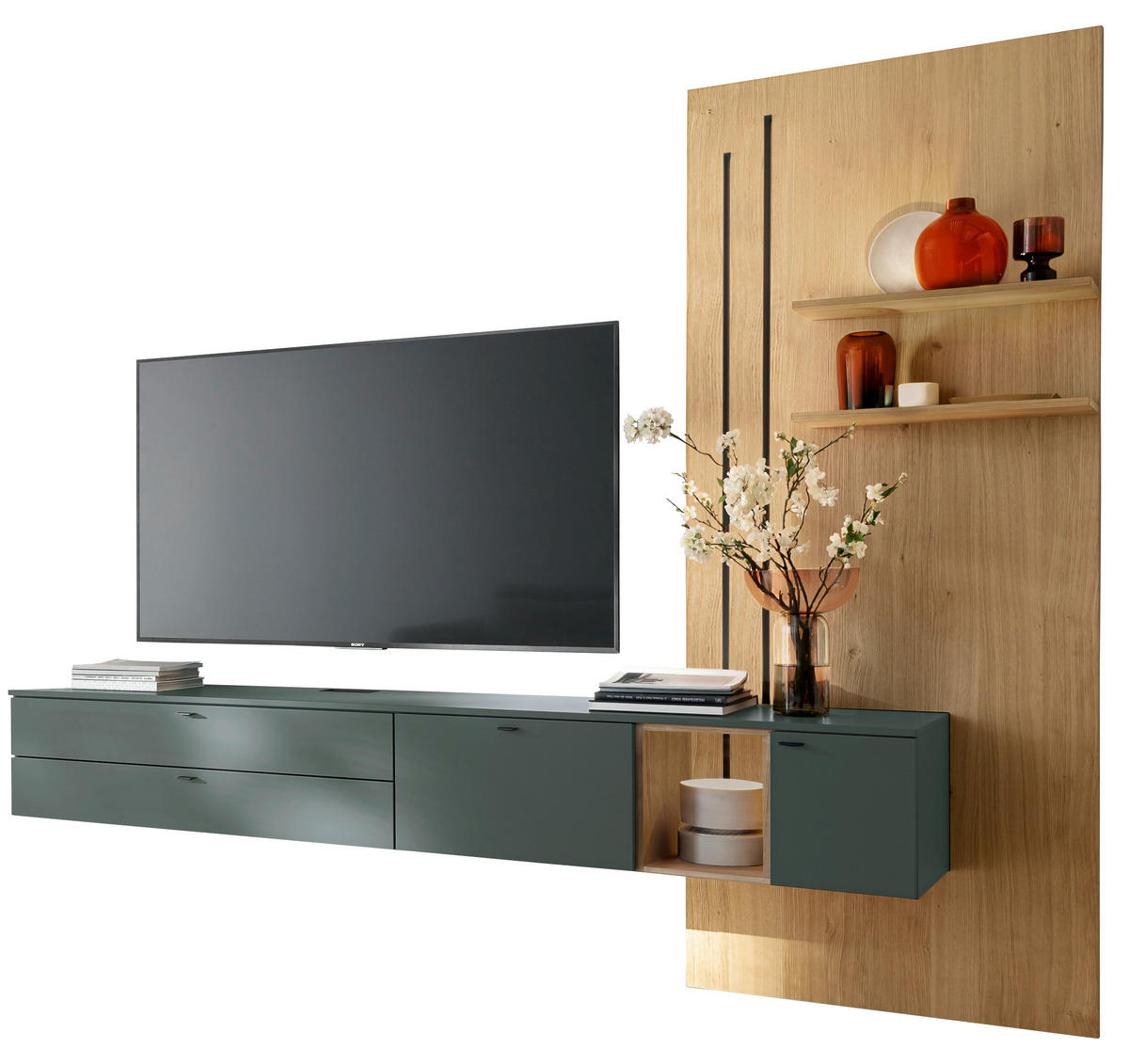 WOHNWAND  in Grün, Wildeiche  270/224/43 cm  - Wildeiche/Anthrazit, Design, Glas/Holz (270/224/43cm) - Venjakob