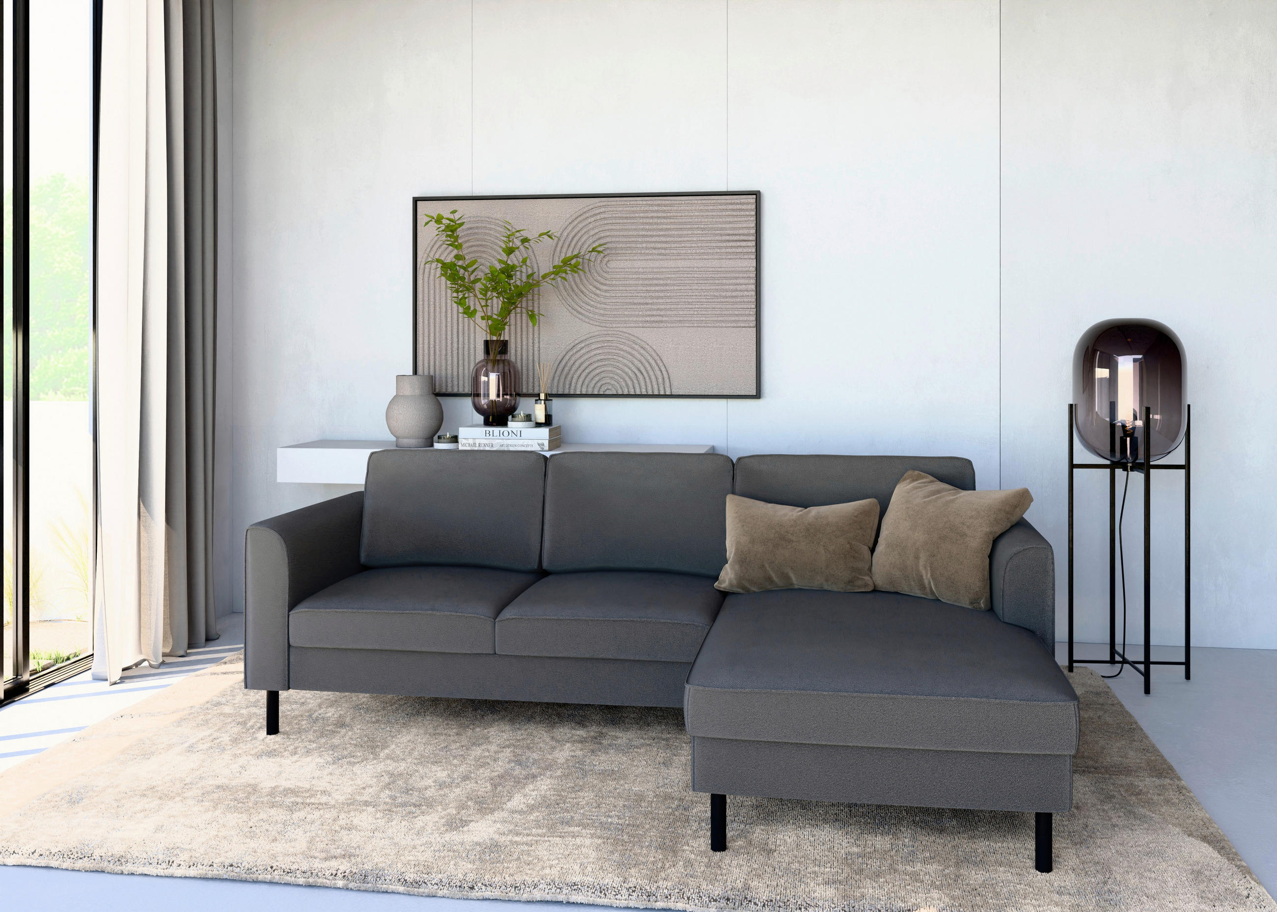 ECKSCHLAFSOFA  mit Bettkasten erhältlich, Sitzqualitäten, Schlafen auf Sitzhöhe, Bettfunktion erhältlich, Rücken echt, Armteil links, Armteil rechts Struktur Anthrazit  - Anthrazit/Schwarz, MODERN, Textil/Metall (232/161cm) - Trendmanufaktur