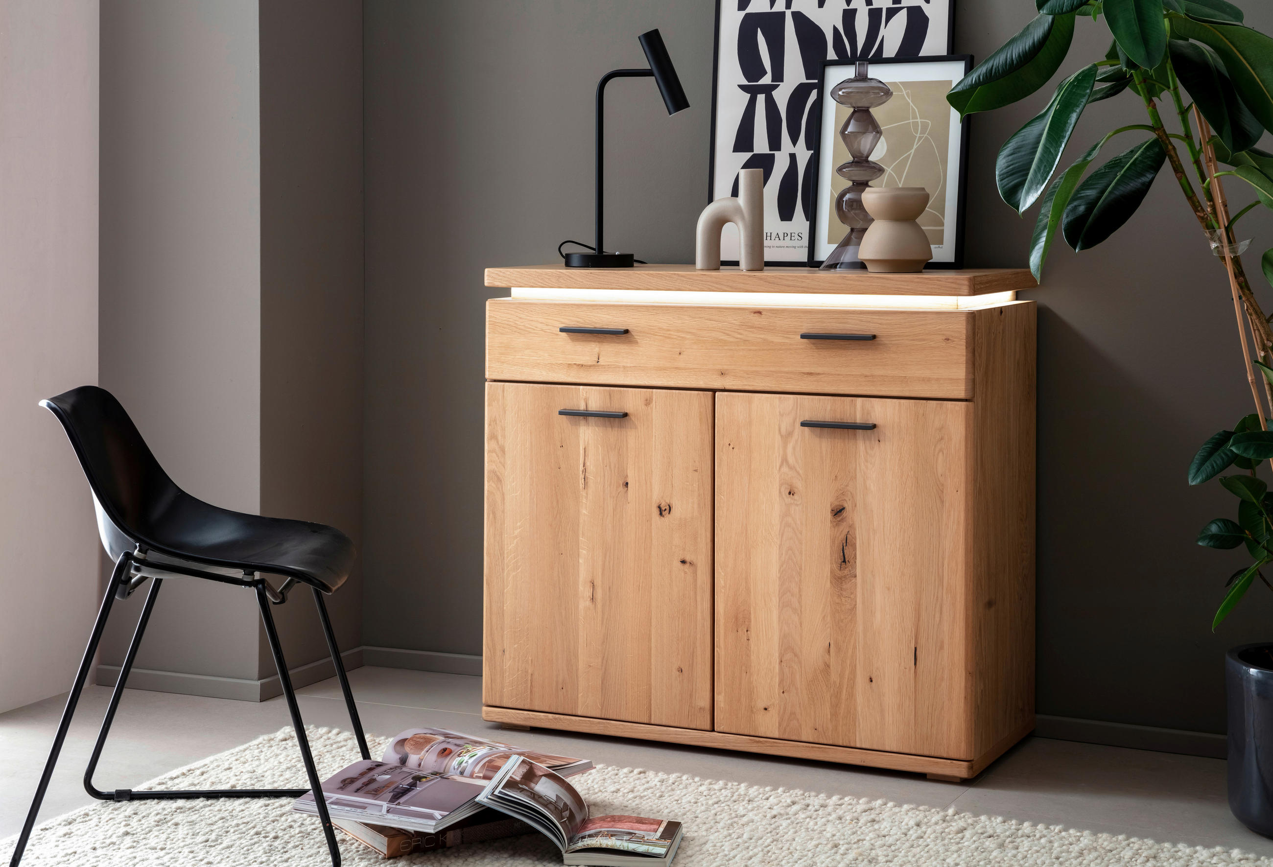 KOMMODE  in 100/91/42 cm  - Eiche Bianco/Schwarz, Natur, Holzwerkstoff/Kunststoff (100/91/42cm) - Linea Natura