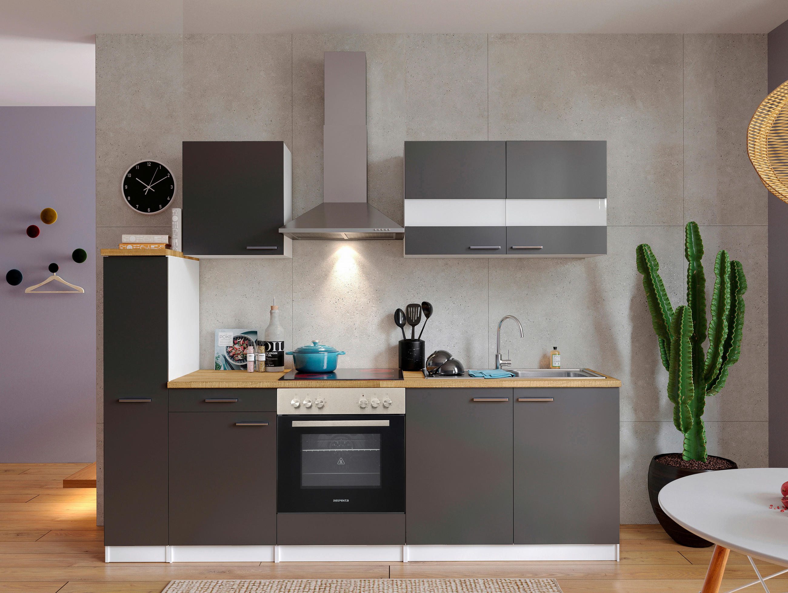 KÜCHENBLOCK 240 cm   in Grau  - Edelstahlfarben/Nussbaumfarben, Basics, Holzwerkstoff/Metall (240cm) - Respekta