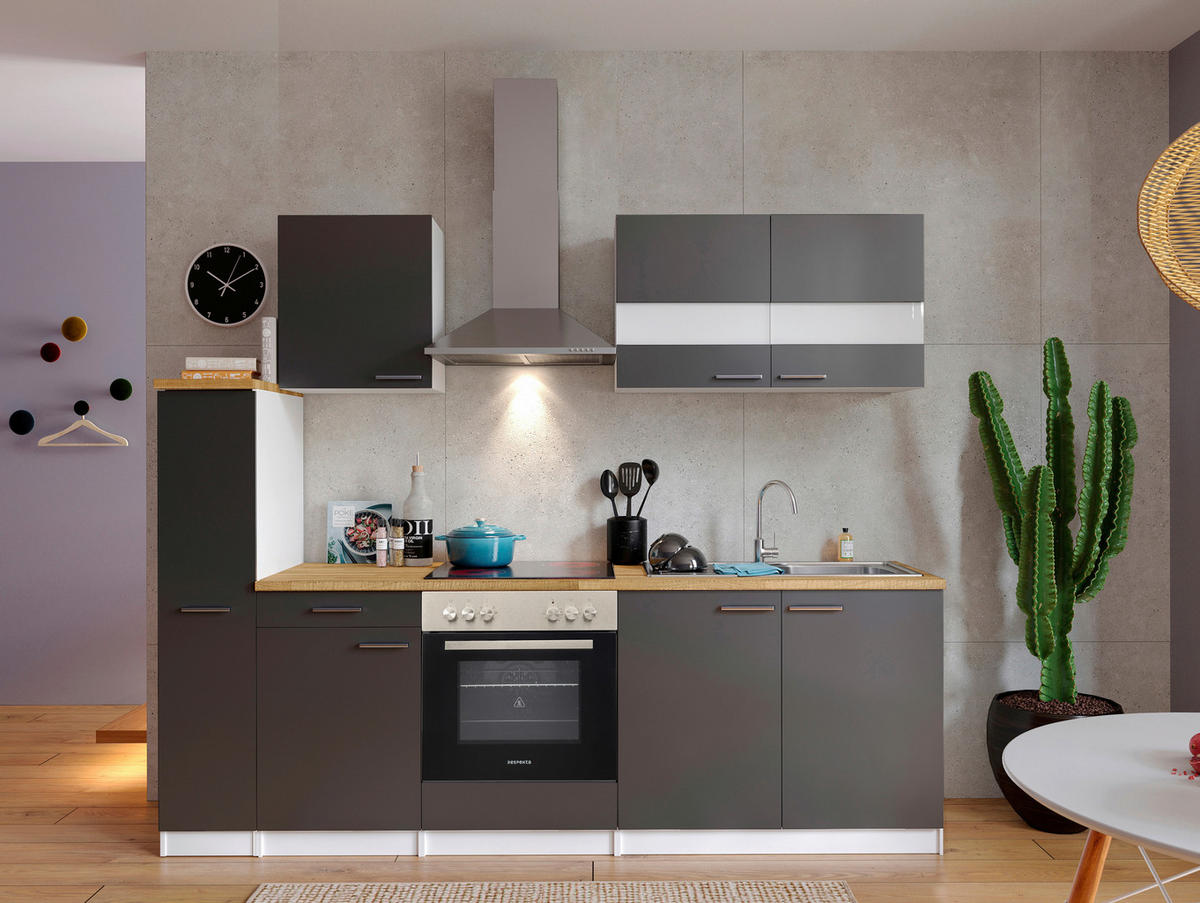 KÜCHENBLOCK 240 cm   in Grau  - Edelstahlfarben/Nussbaumfarben, Basics, Holzwerkstoff/Metall (240cm) - Respekta