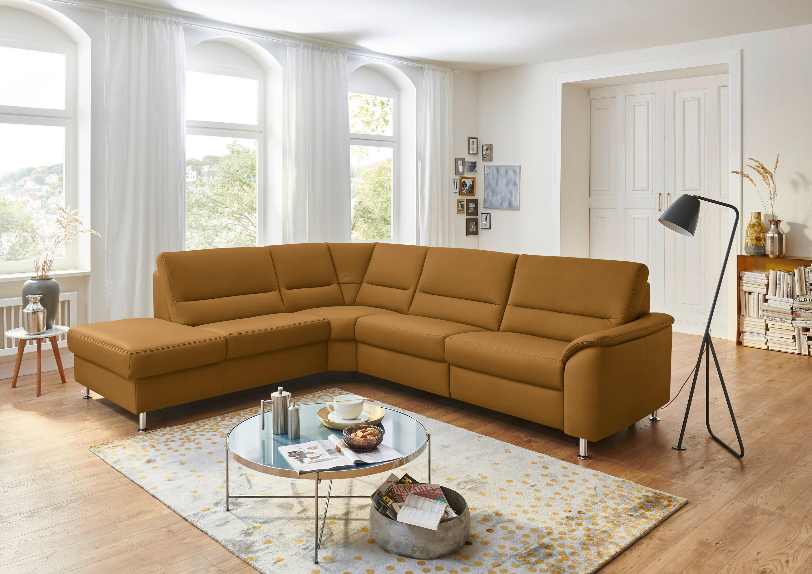 ECKSOFA in Echtleder Dunkelgelb  249/290 cm  - Dunkelgelb/Alufarben, Basics, Leder/Metall (249/290cm) - Beldomo Premium