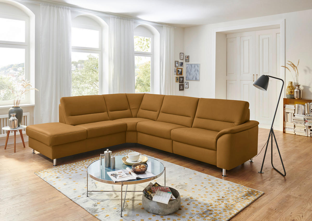 ECKSOFA in Echtleder Dunkelgelb  - Dunkelgelb/Alufarben, Basics, Leder/Metall (249/290cm) - Beldomo Premium